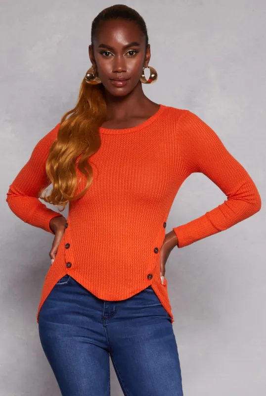 Waffle Knit Side Button High Low Top sold by Rainbow