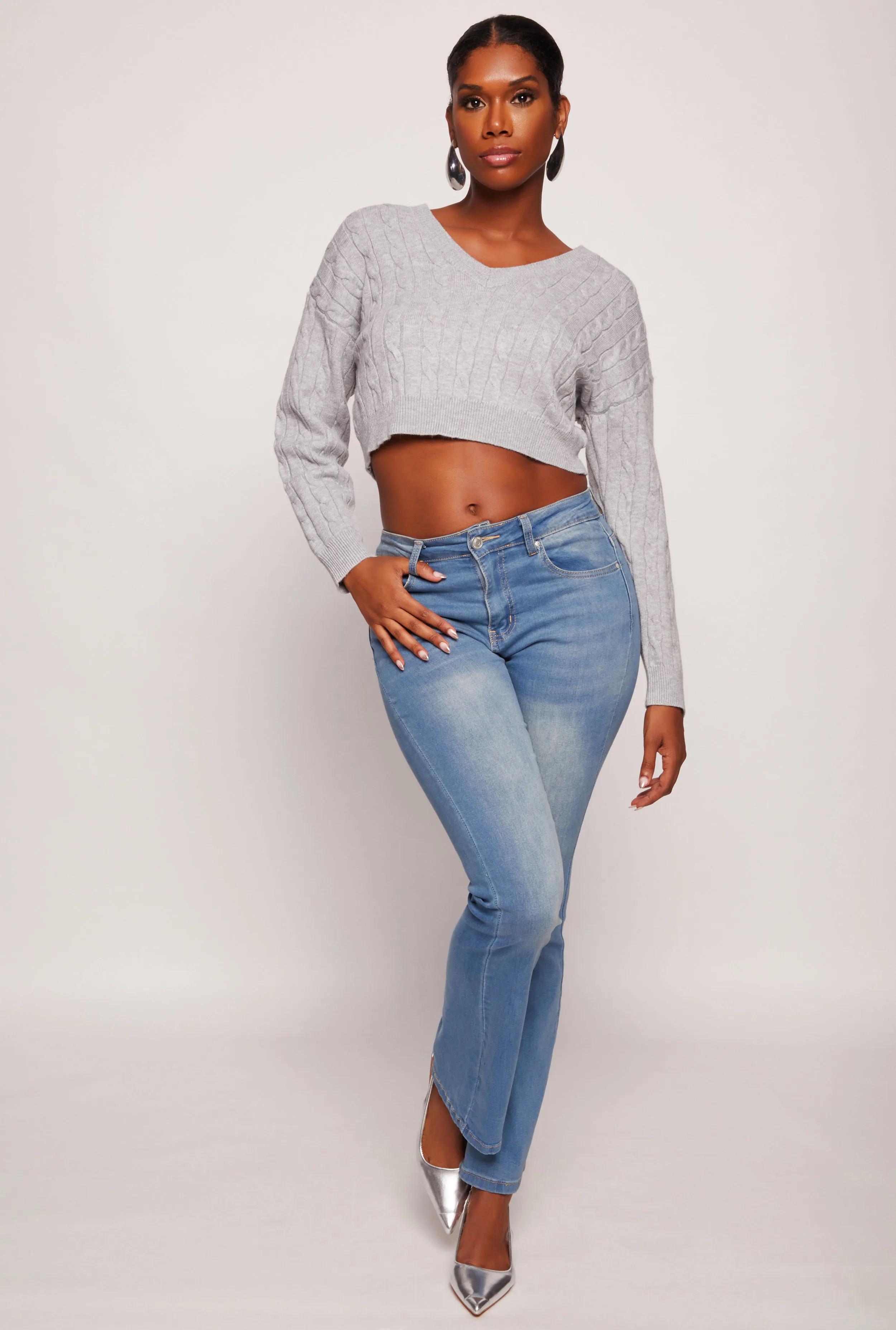 Cable Knit V Neck Cropped Sweater sold by Rainbow product image thumbnail 2