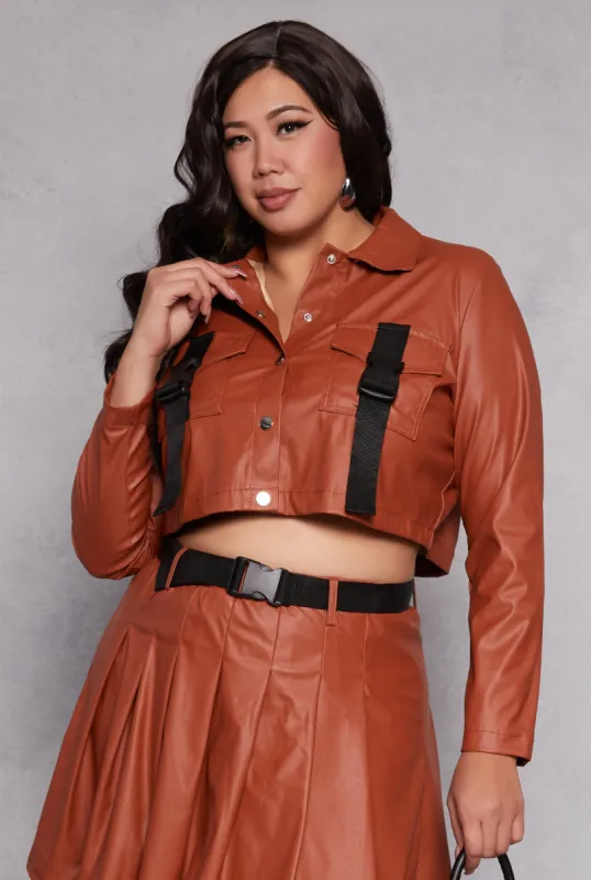 Plus Size Faux Leather Cropped Shacket sold by Rainbow