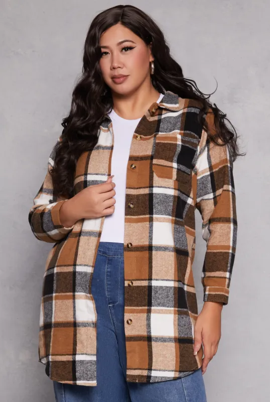 Plus Size Flannel Button Front Long Shacket sold by Rainbow