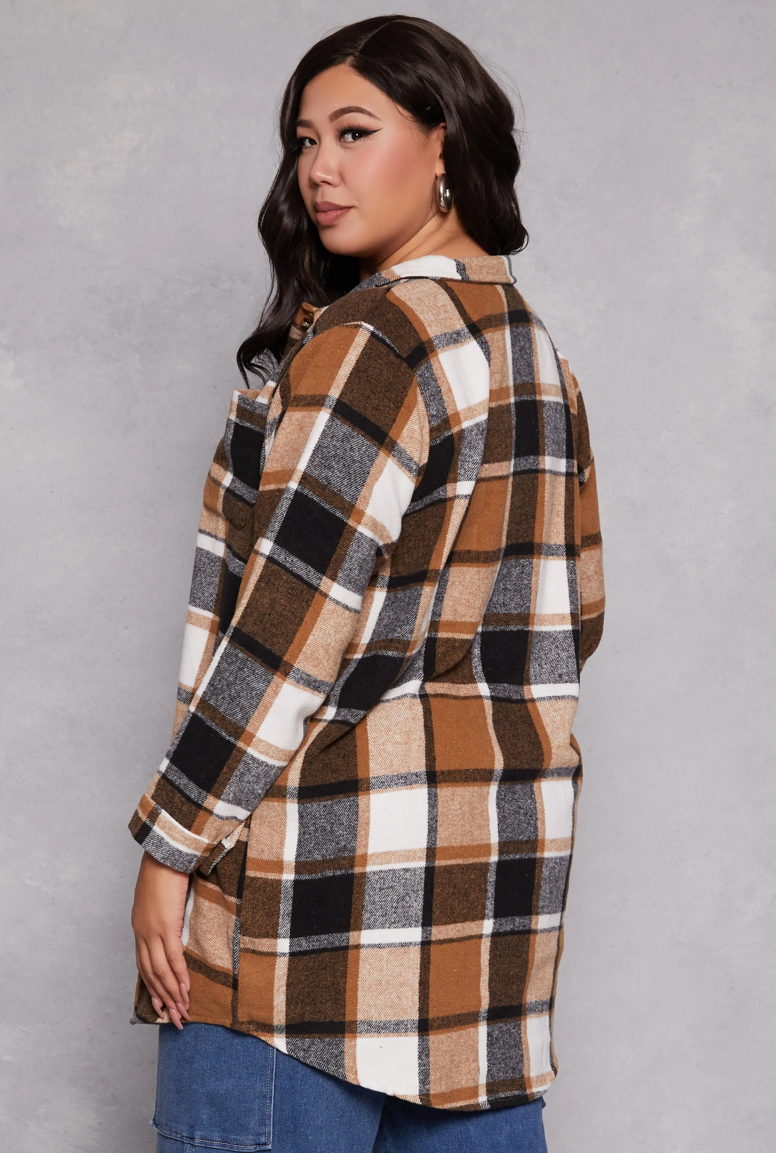 Plus Size Flannel Button Front Long Shacket sold by Rainbow product image thumbnail 3