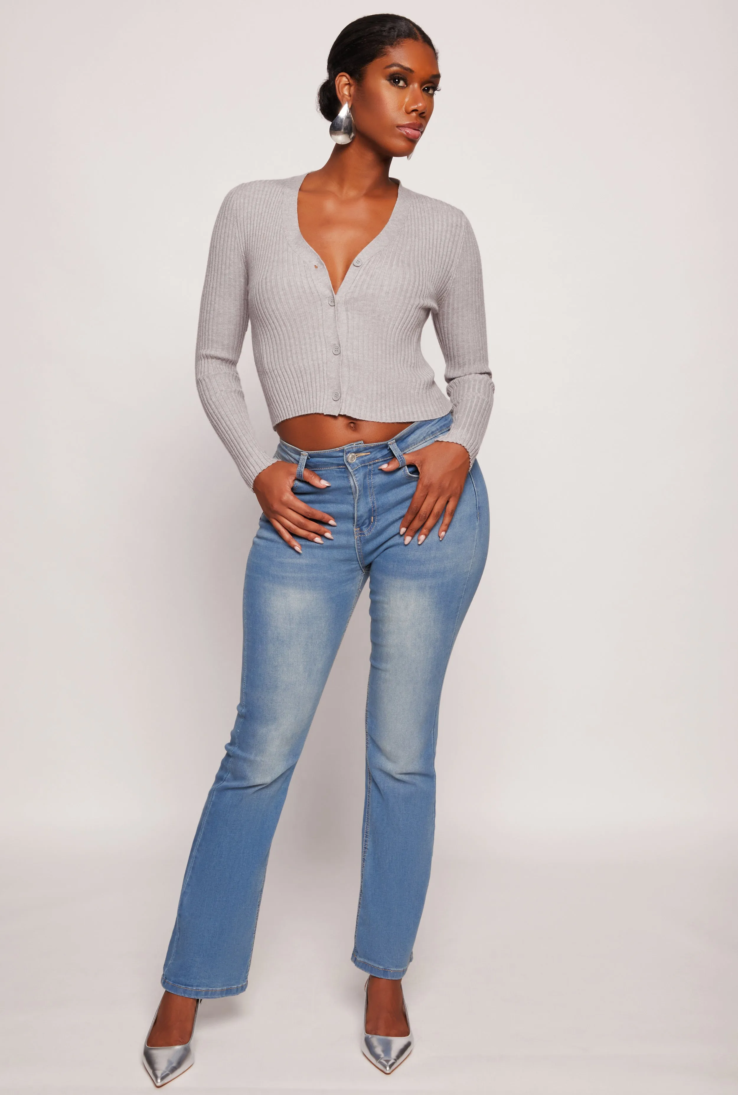 Ribbed Knit Button Front Cropped Cardigan sold by Rainbow product image thumbnail 2