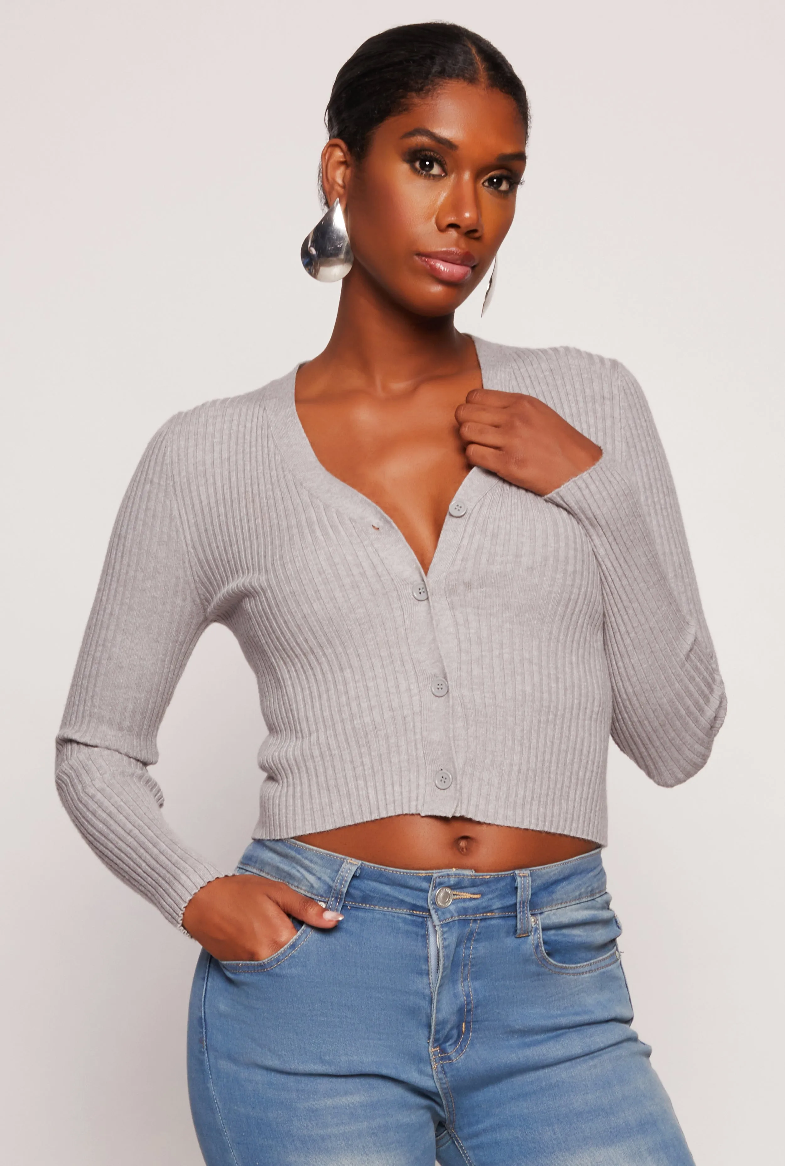Ribbed Knit Button Front Cropped Cardigan sold by Rainbow