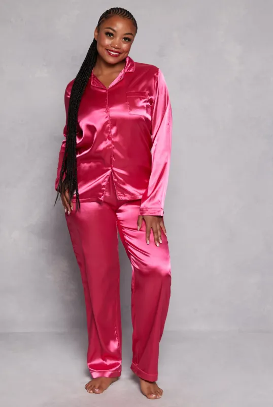 Plus Size Satin Notch Collar Pajama Shirt and Pants sold by Rainbow