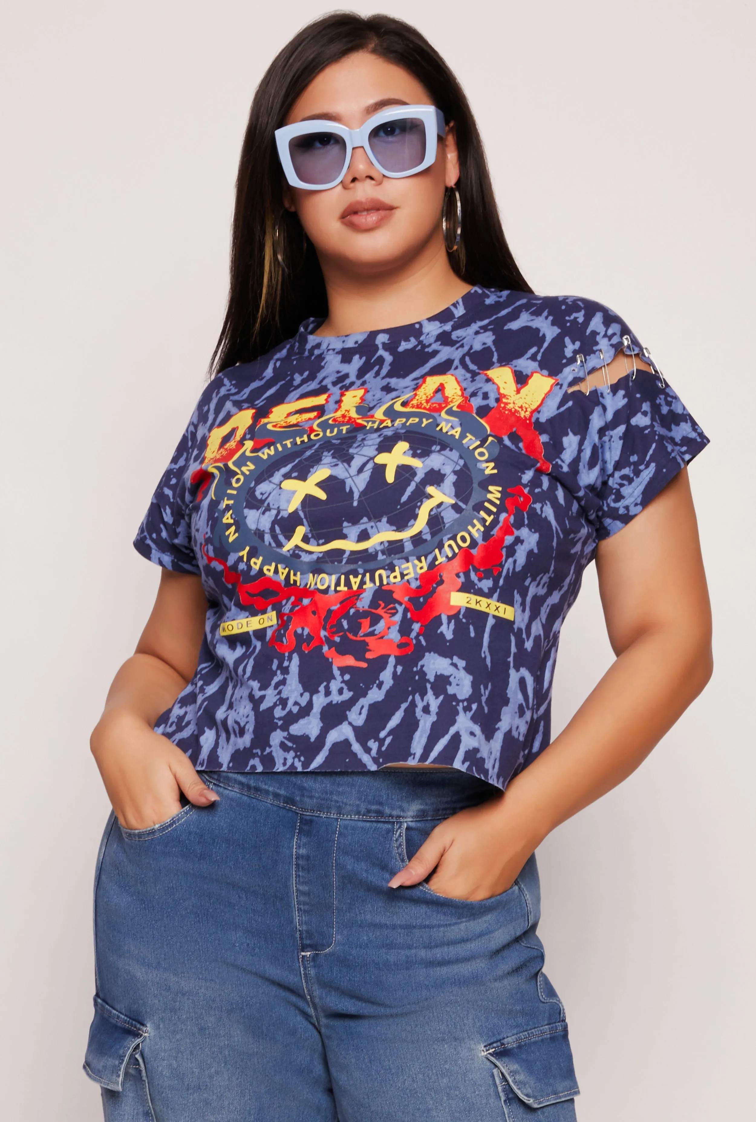 Plus Size Safety Pin Detail Raw Hem Graphic Tee sold by Rainbow