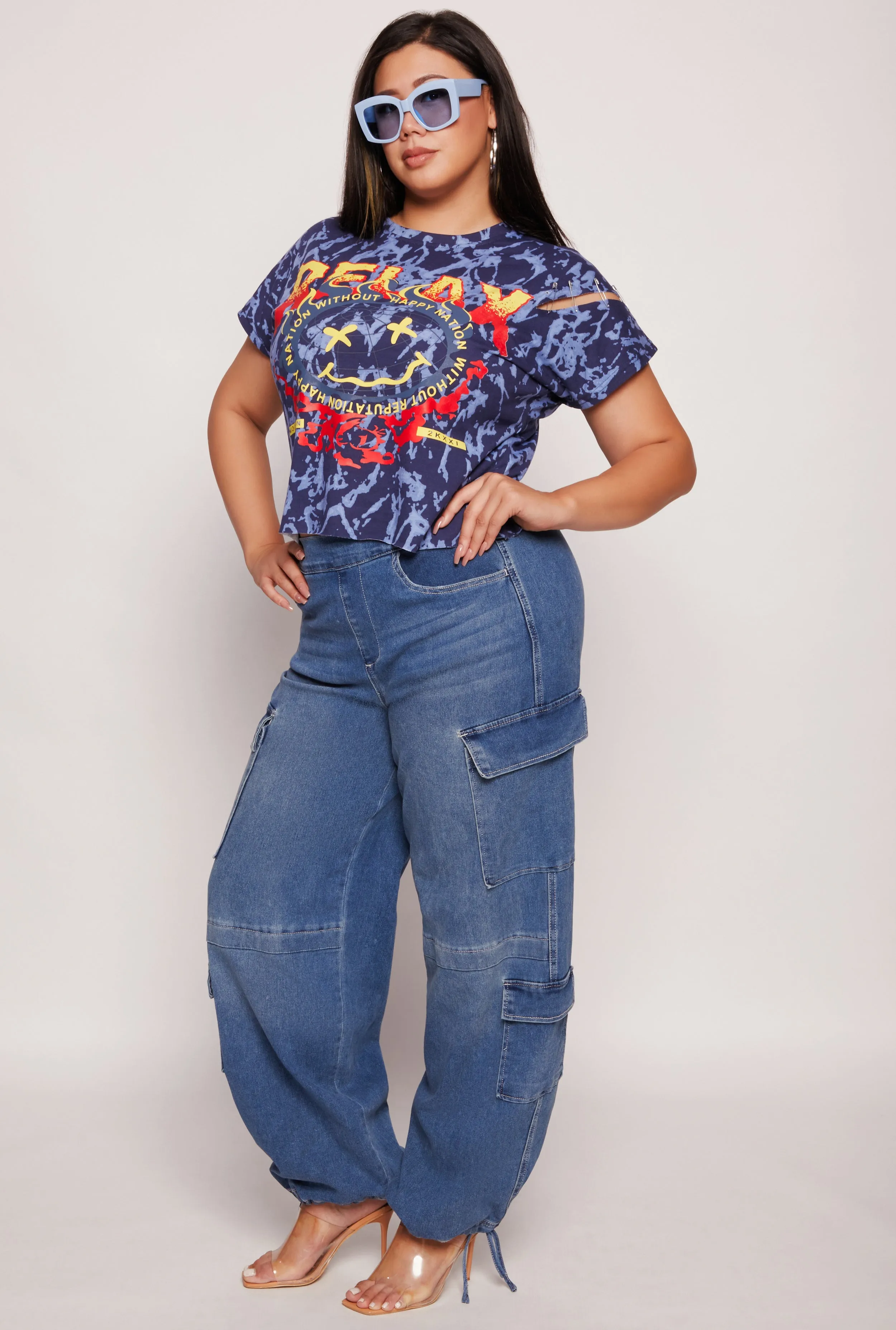 Plus Size Safety Pin Detail Raw Hem Graphic Tee sold by Rainbow product image thumbnail 2