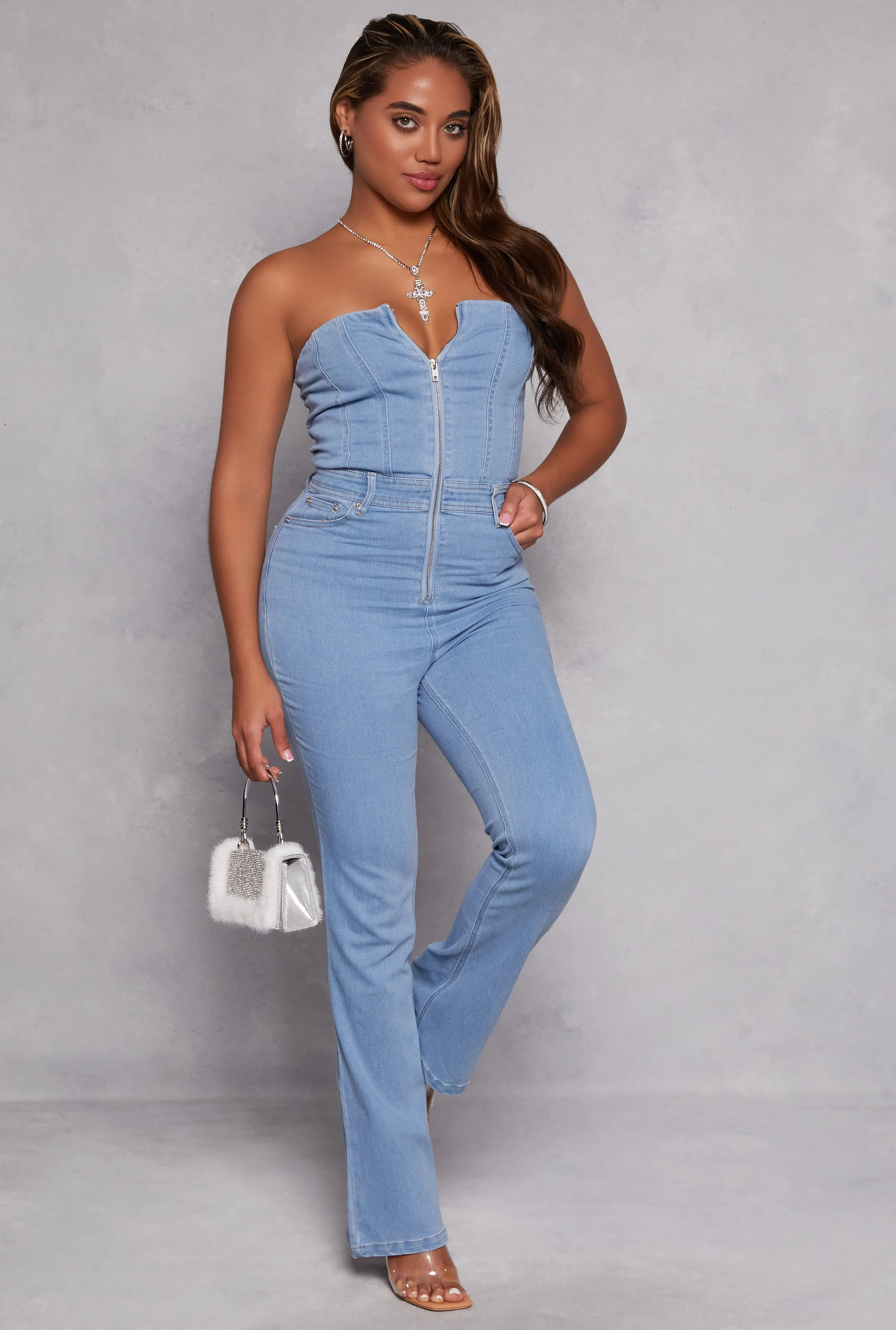 Denim Strapless Zip Front Jumpsuit sold by Rainbow