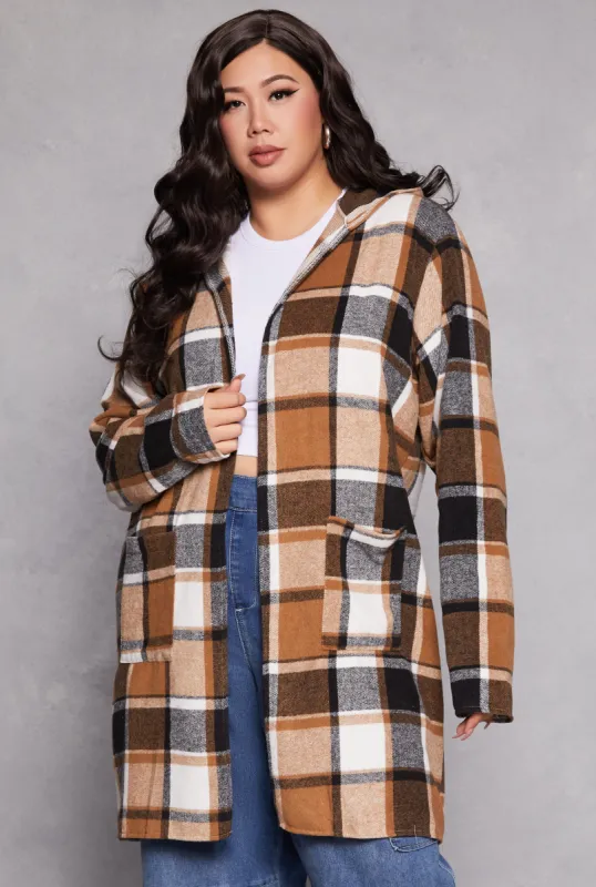 Plus Size Plaid Open Front Hooded Coat sold by Rainbow