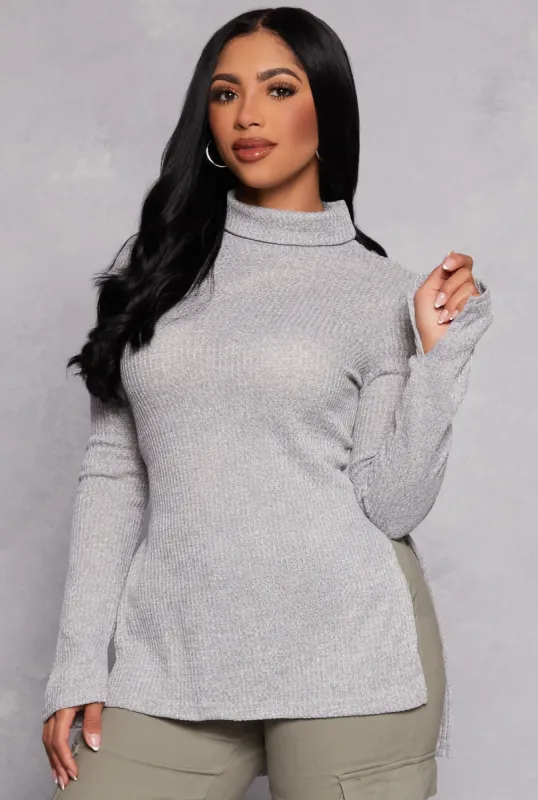 Waffle Knit Turtleneck High Low Top sold by Rainbow