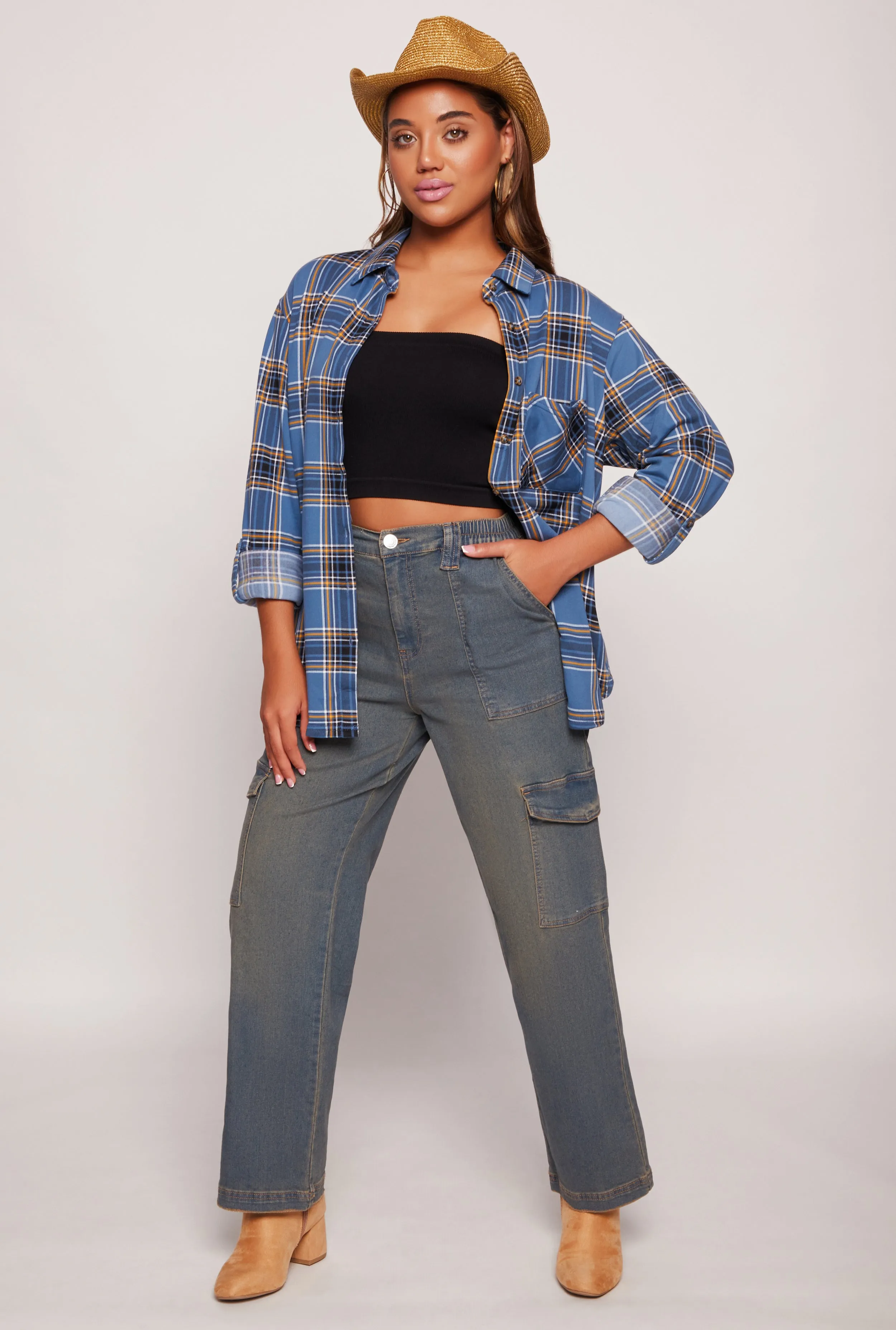 Plaid Button Front Tabbed Sleeve Shirt sold by Rainbow product image thumbnail 2