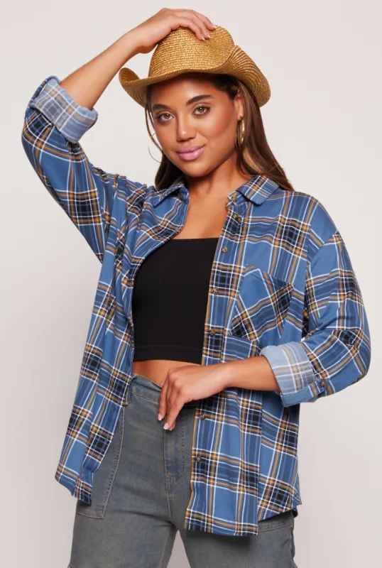 Plaid Button Front Tabbed Sleeve Shirt sold by Rainbow