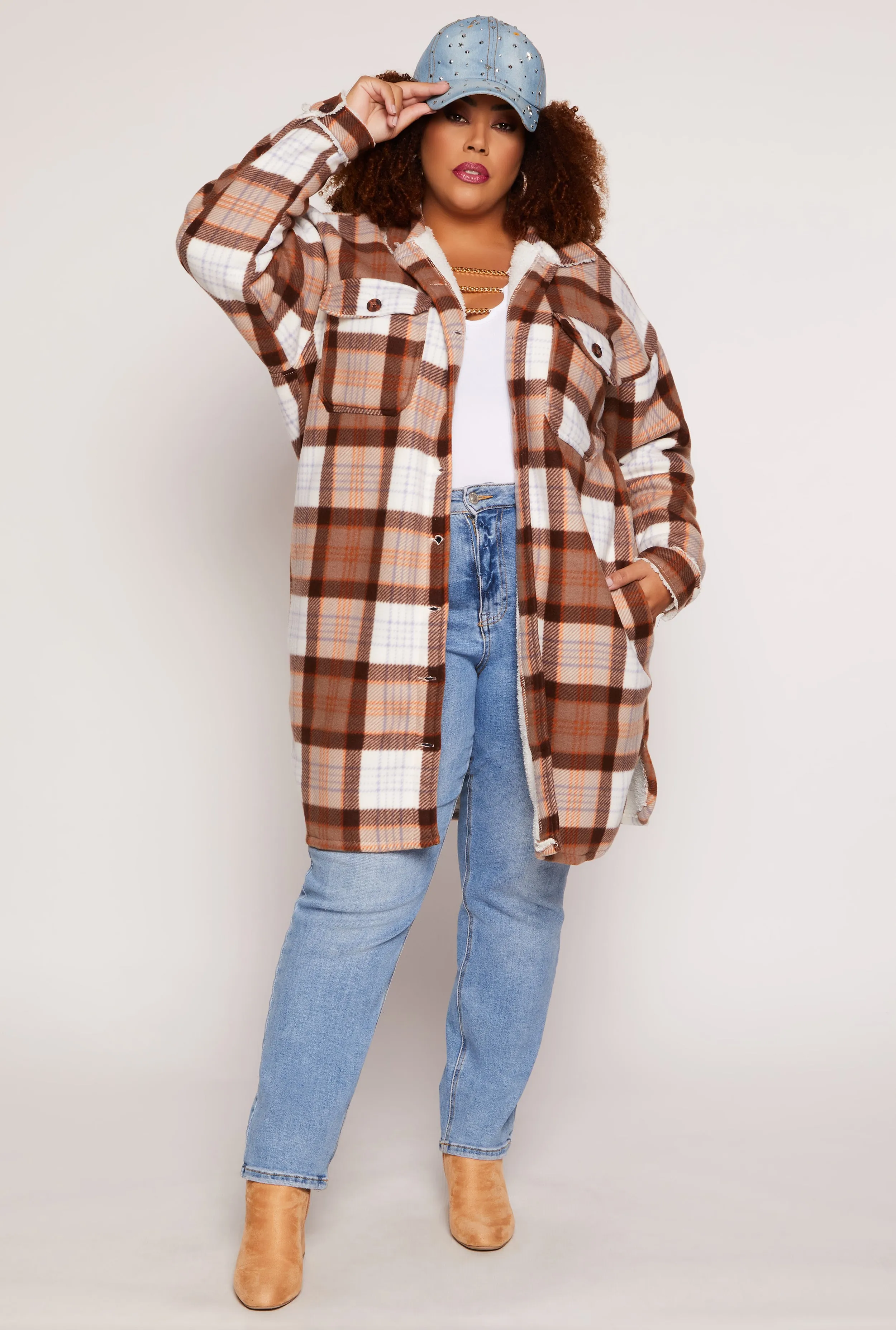 Plus Size Plaid Sherpa Lined Button Front Shacket sold by Rainbow product image thumbnail 2