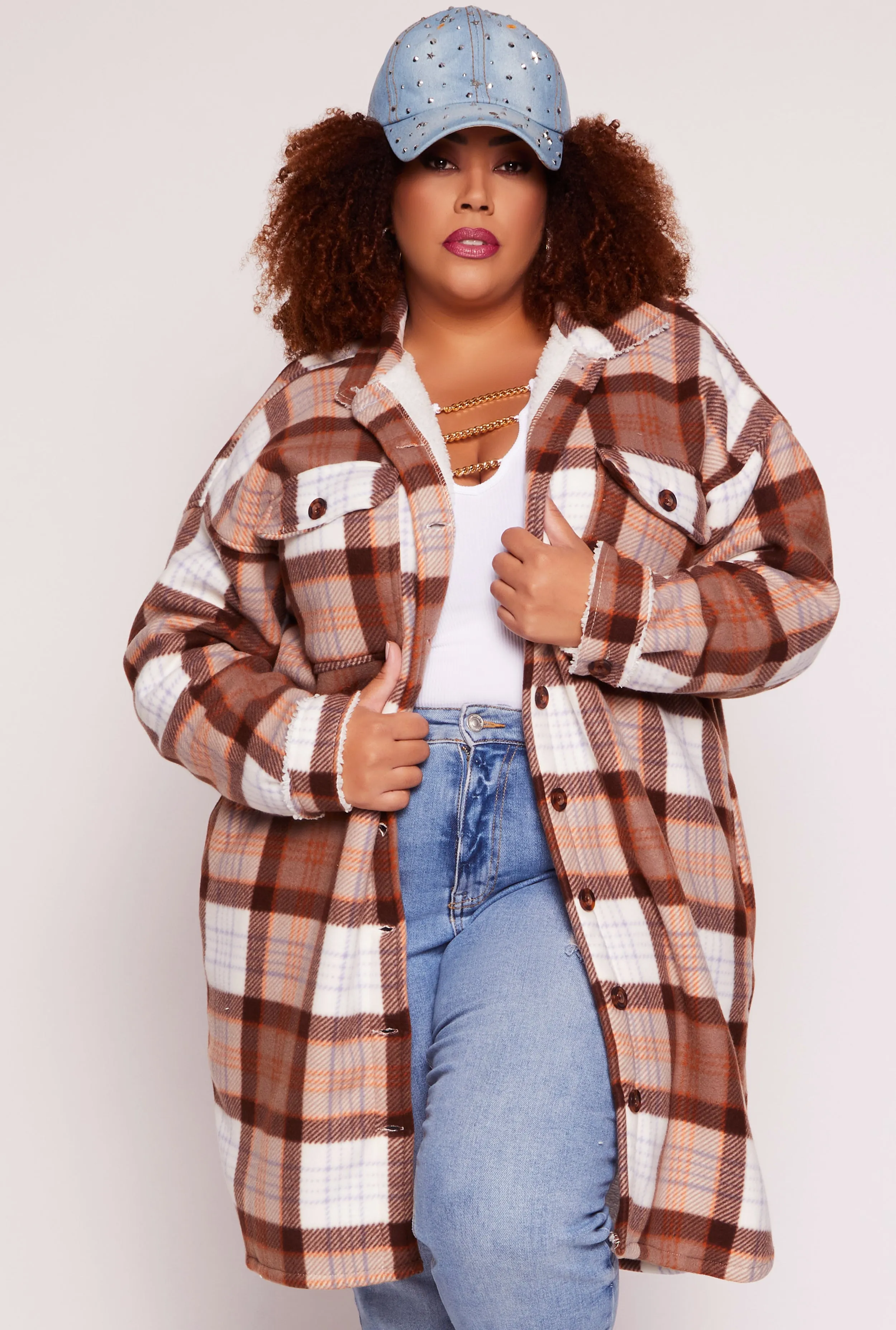 Plus Size Plaid Sherpa Lined Button Front Shacket sold by Rainbow