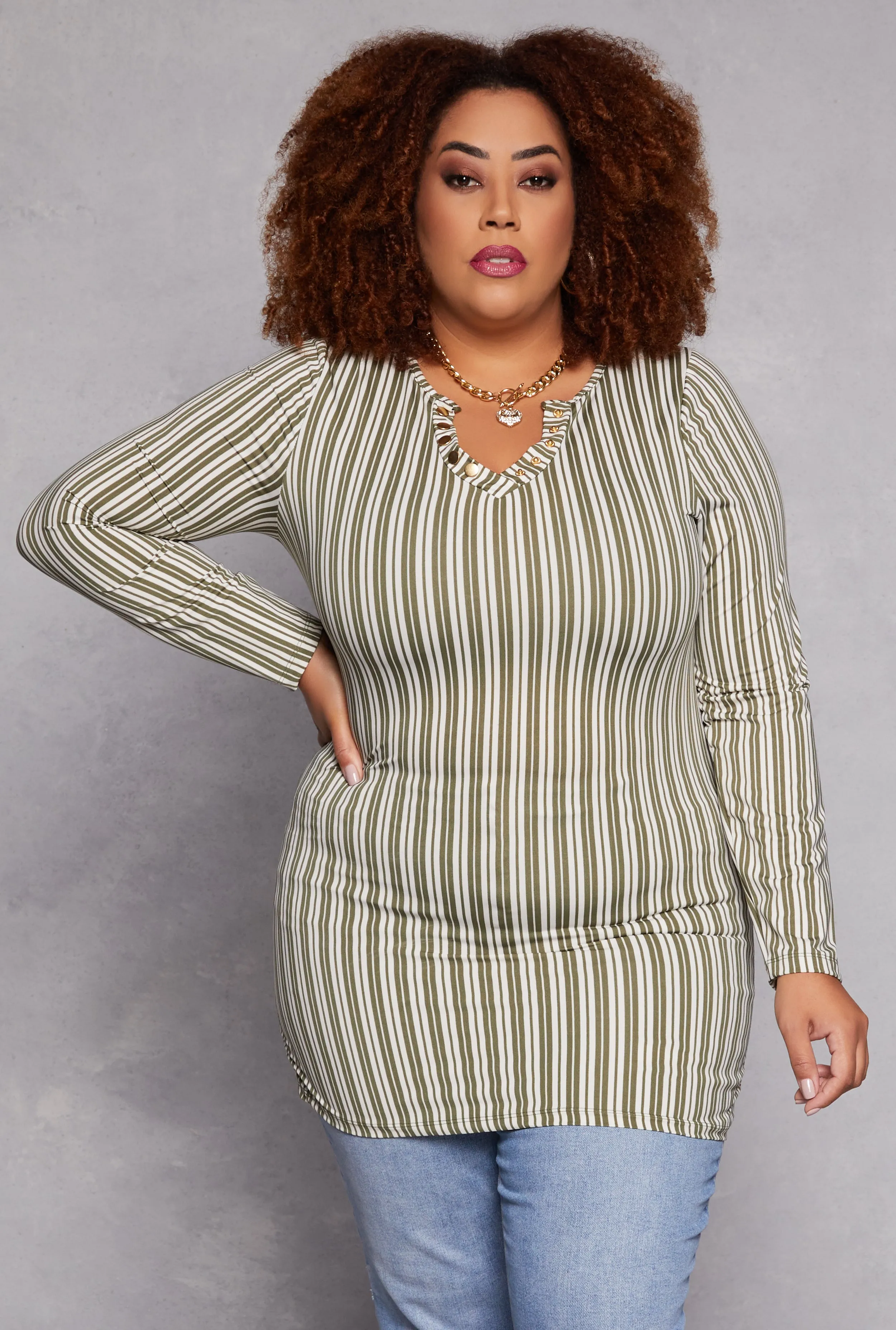 Plus Size Striped Snap Button Notch Neck Top sold by Rainbow