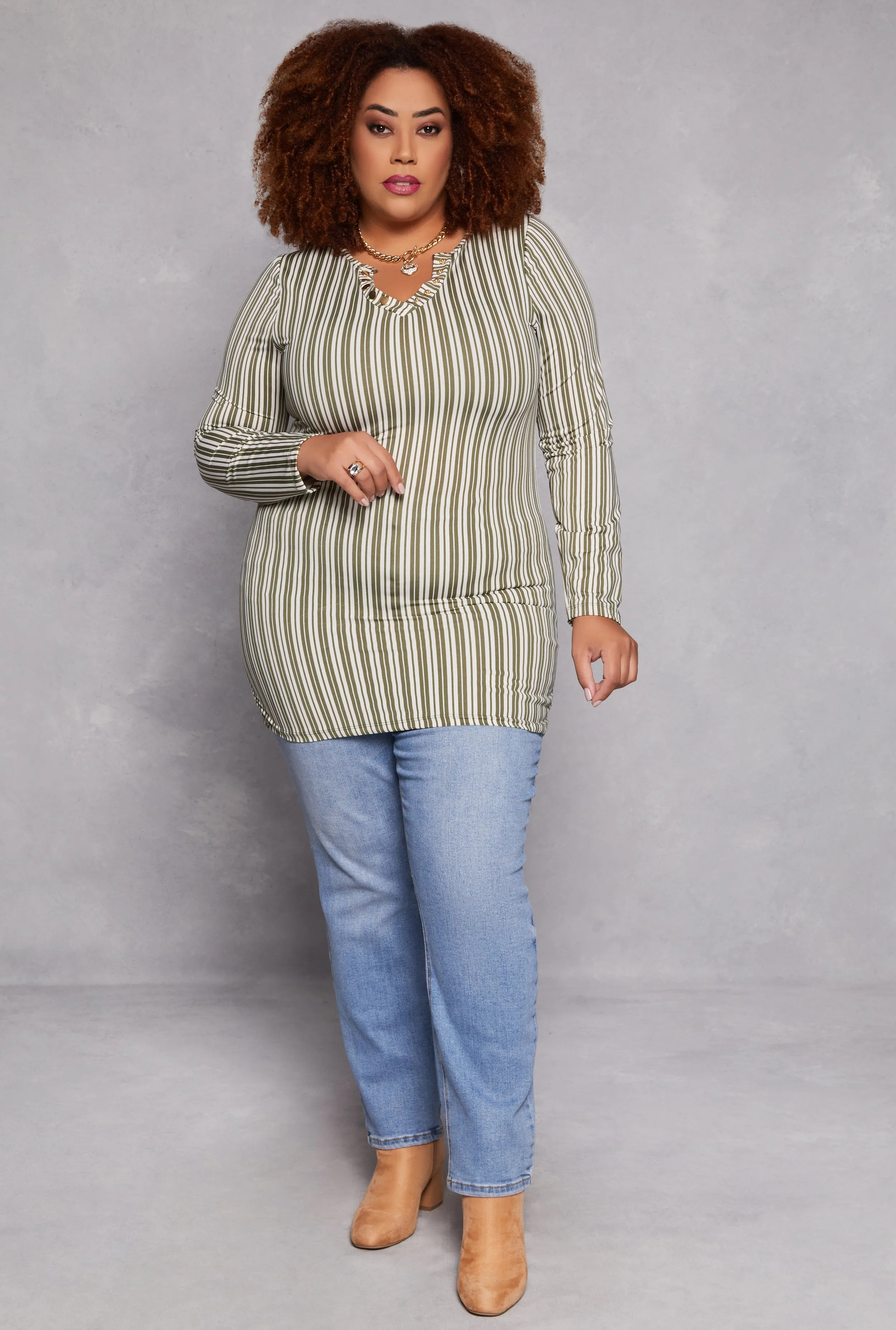Plus Size Striped Snap Button Notch Neck Top sold by Rainbow product image thumbnail 2