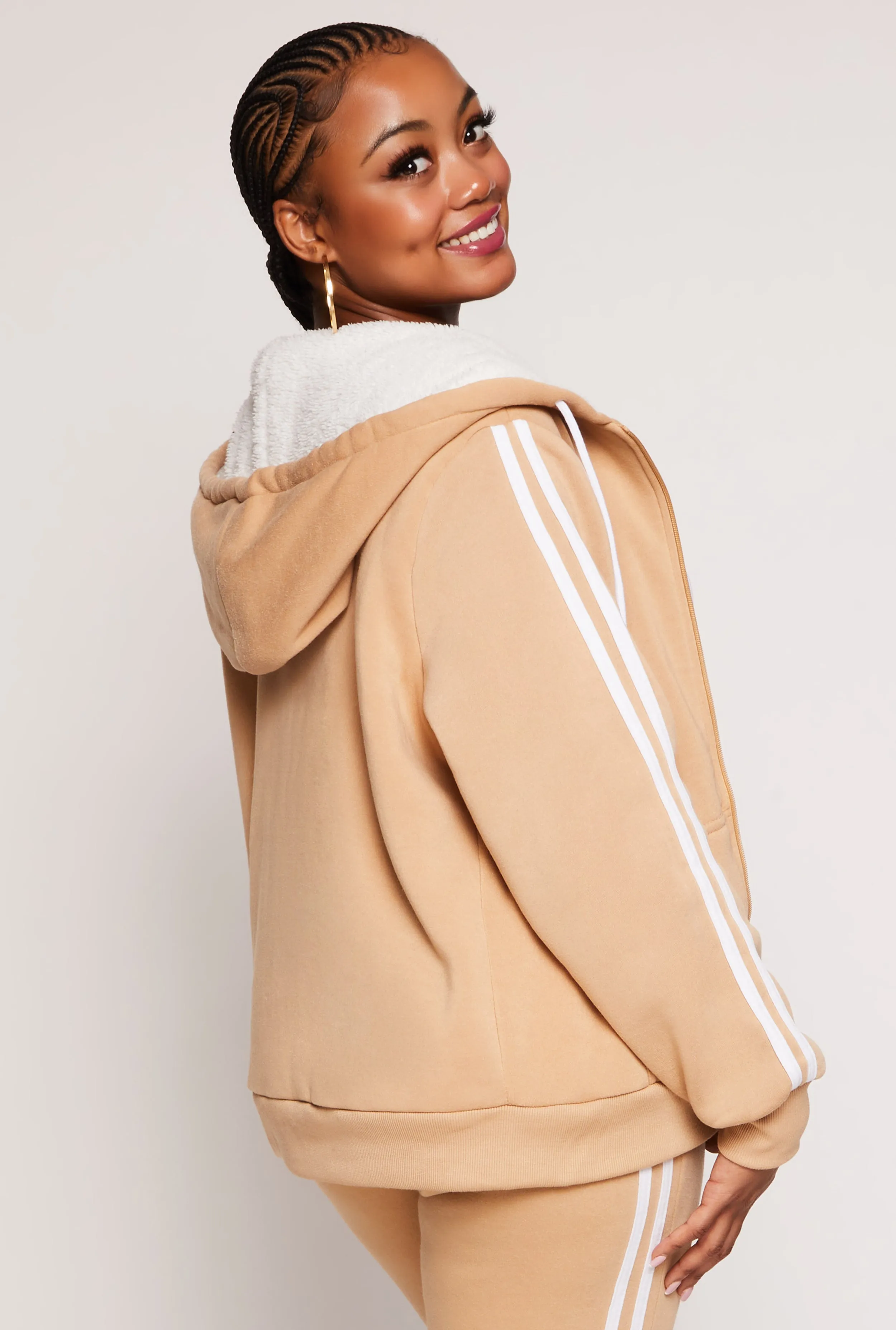 Plus Size Varsity Stripe Zip Front Sherpa Lined Hoodie sold by Rainbow product image thumbnail 3