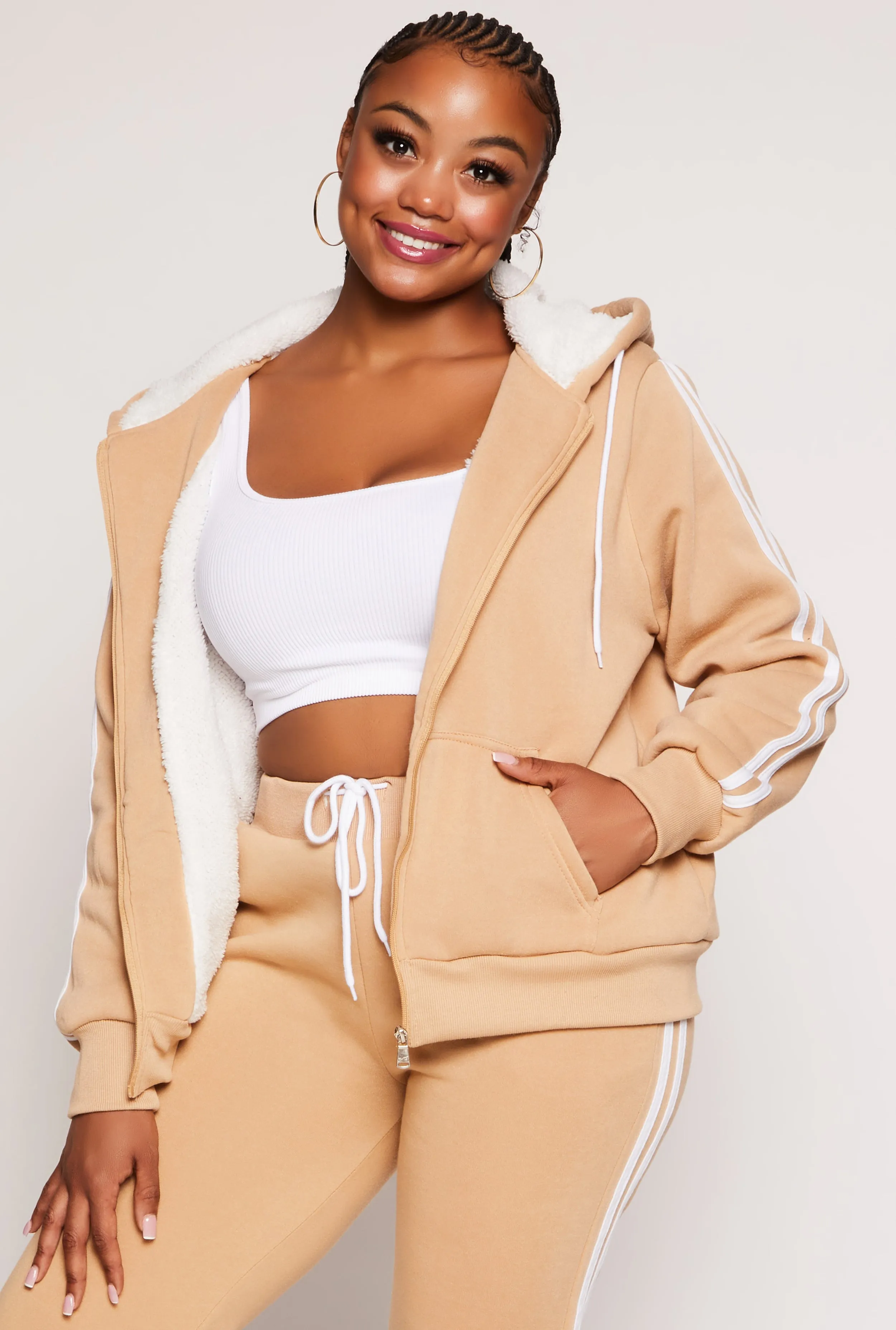 Plus Size Varsity Stripe Zip Front Sherpa Lined Hoodie sold by Rainbow