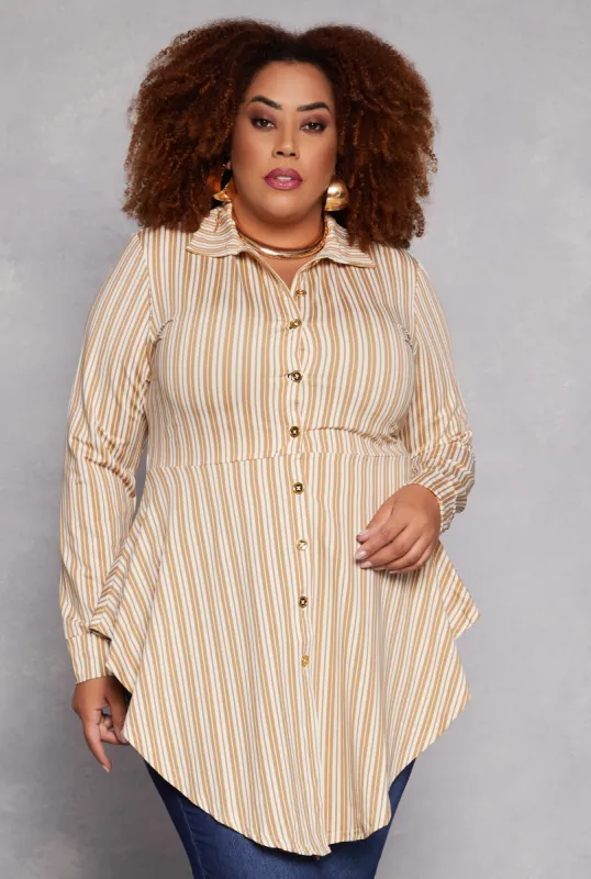 Plus Size Striped Button Front Hanky Hem Shirt sold by Rainbow