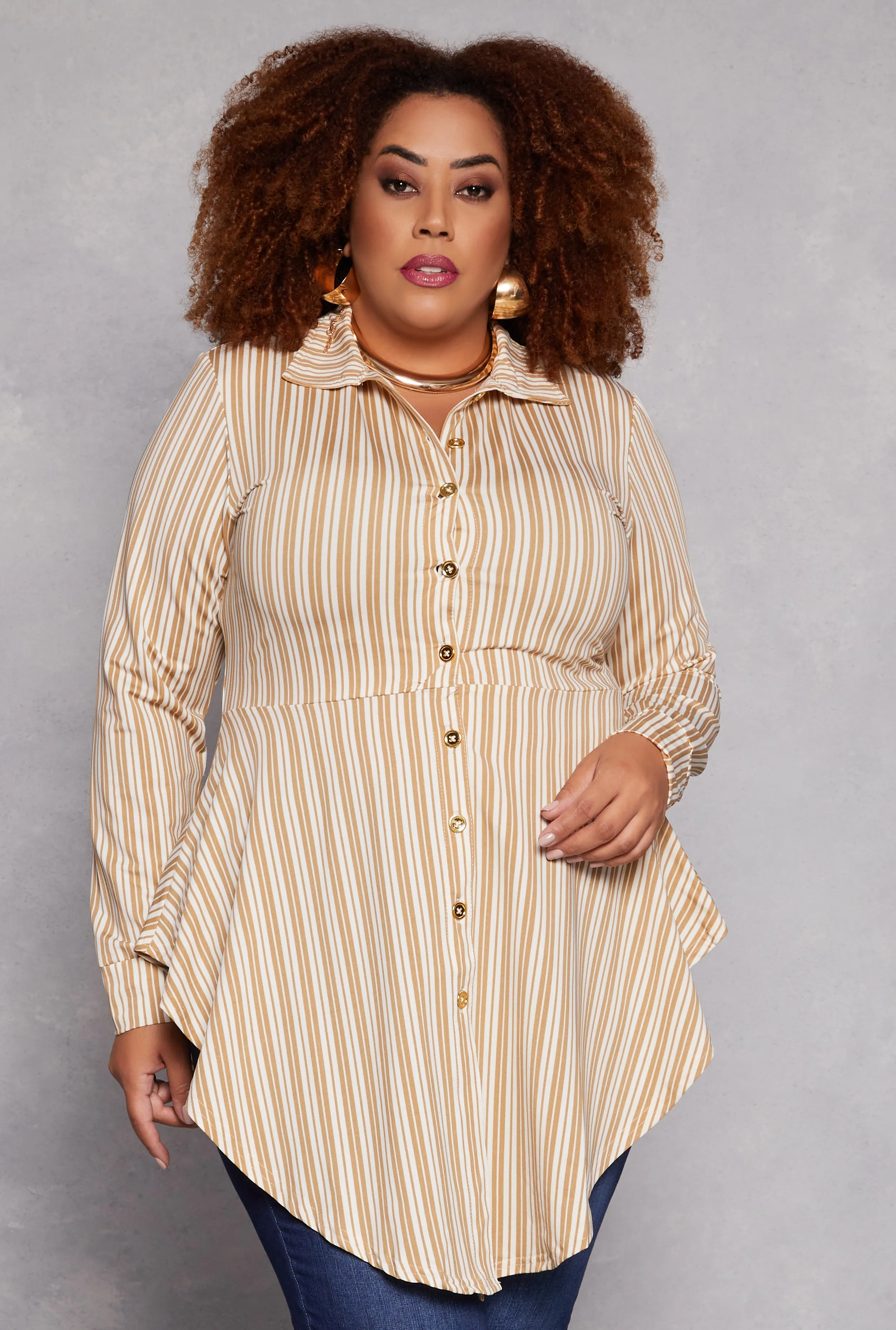 Plus Size Striped Button Front Hanky Hem Shirt sold by Rainbow