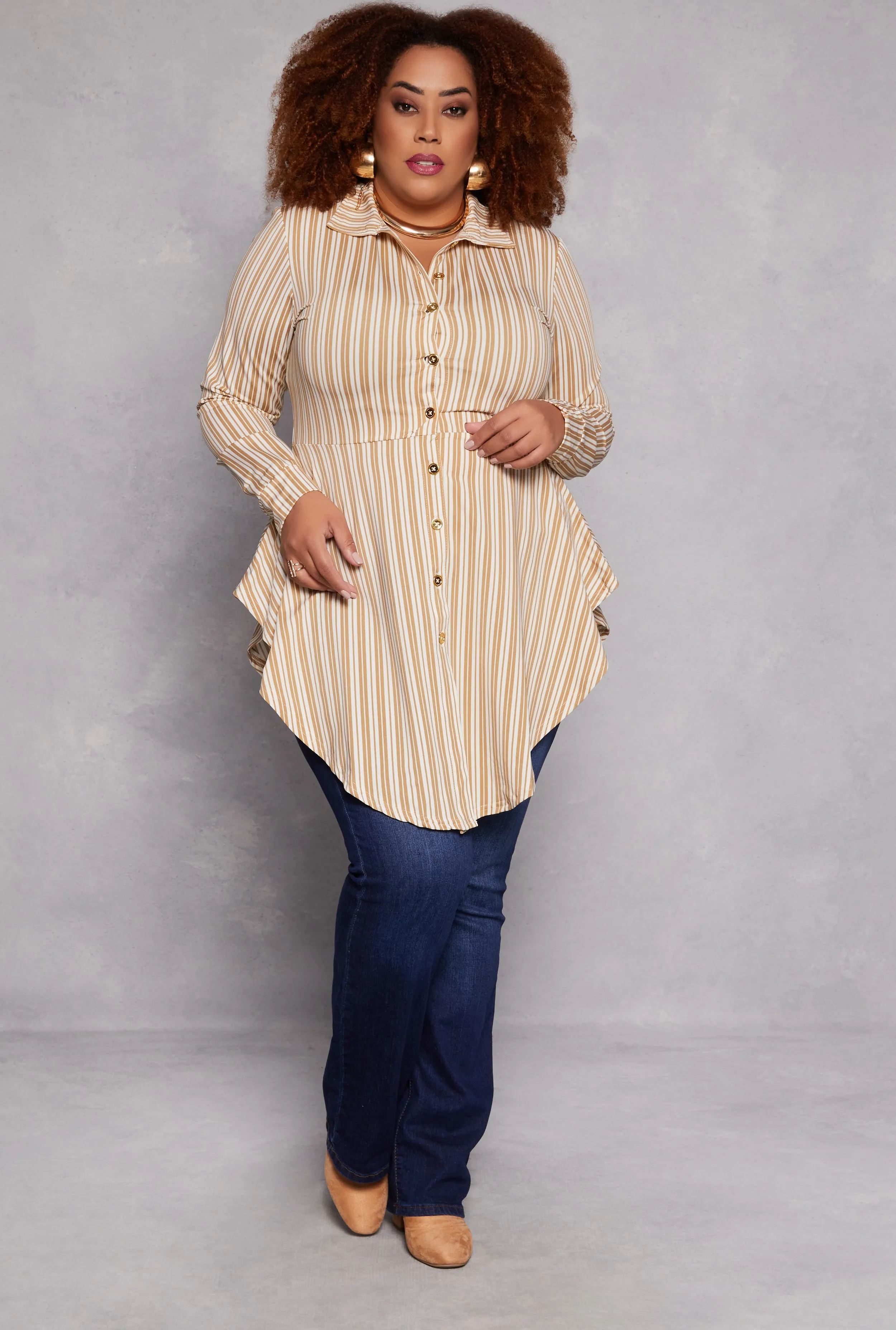Plus Size Striped Button Front Hanky Hem Shirt sold by Rainbow product image thumbnail 2