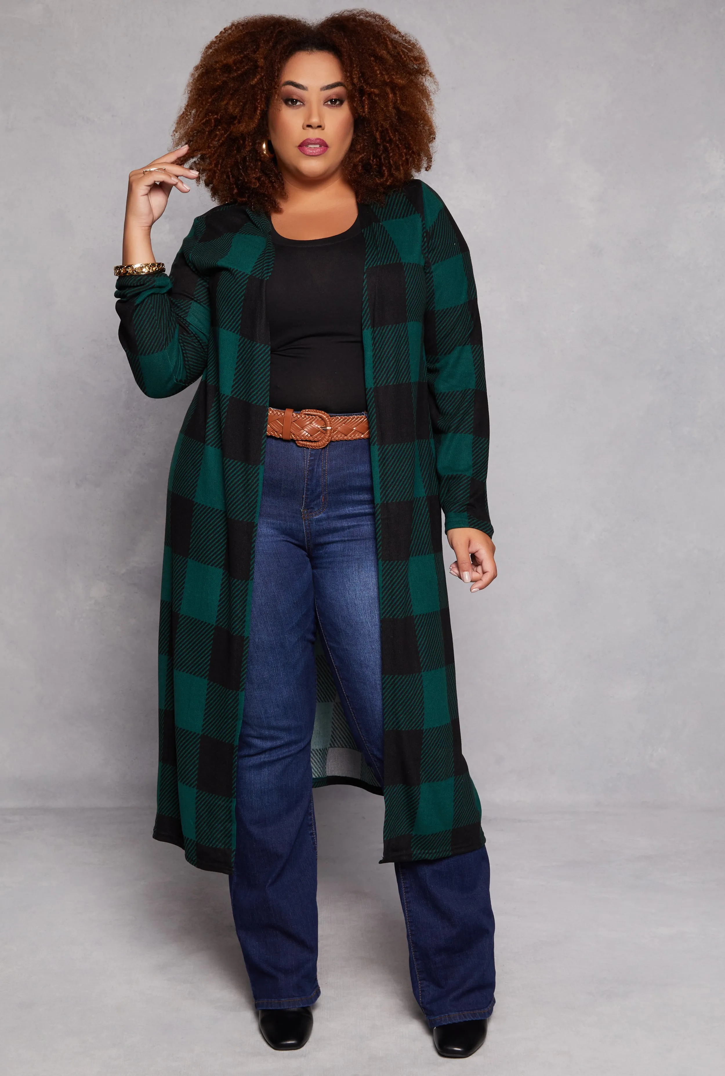 Plus Size Plaid Open Front Duster sold by Rainbow