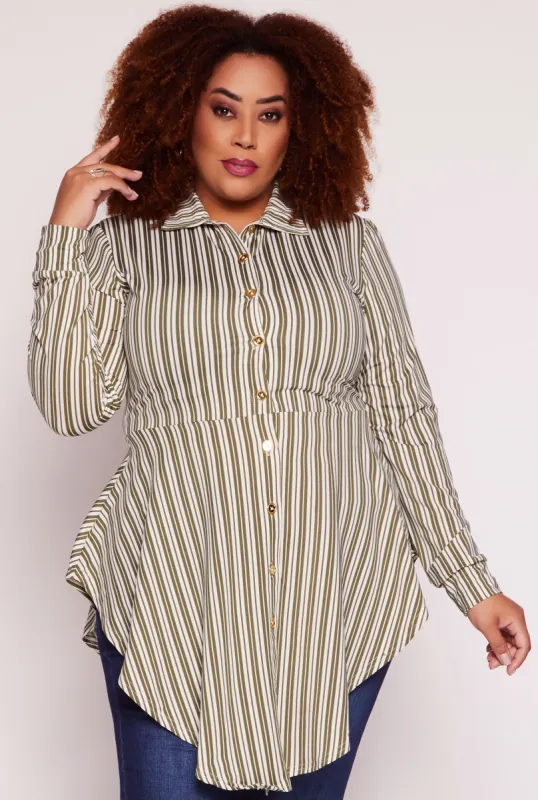 Plus Size Striped Button Front Hanky Hem Shirt sold by Rainbow