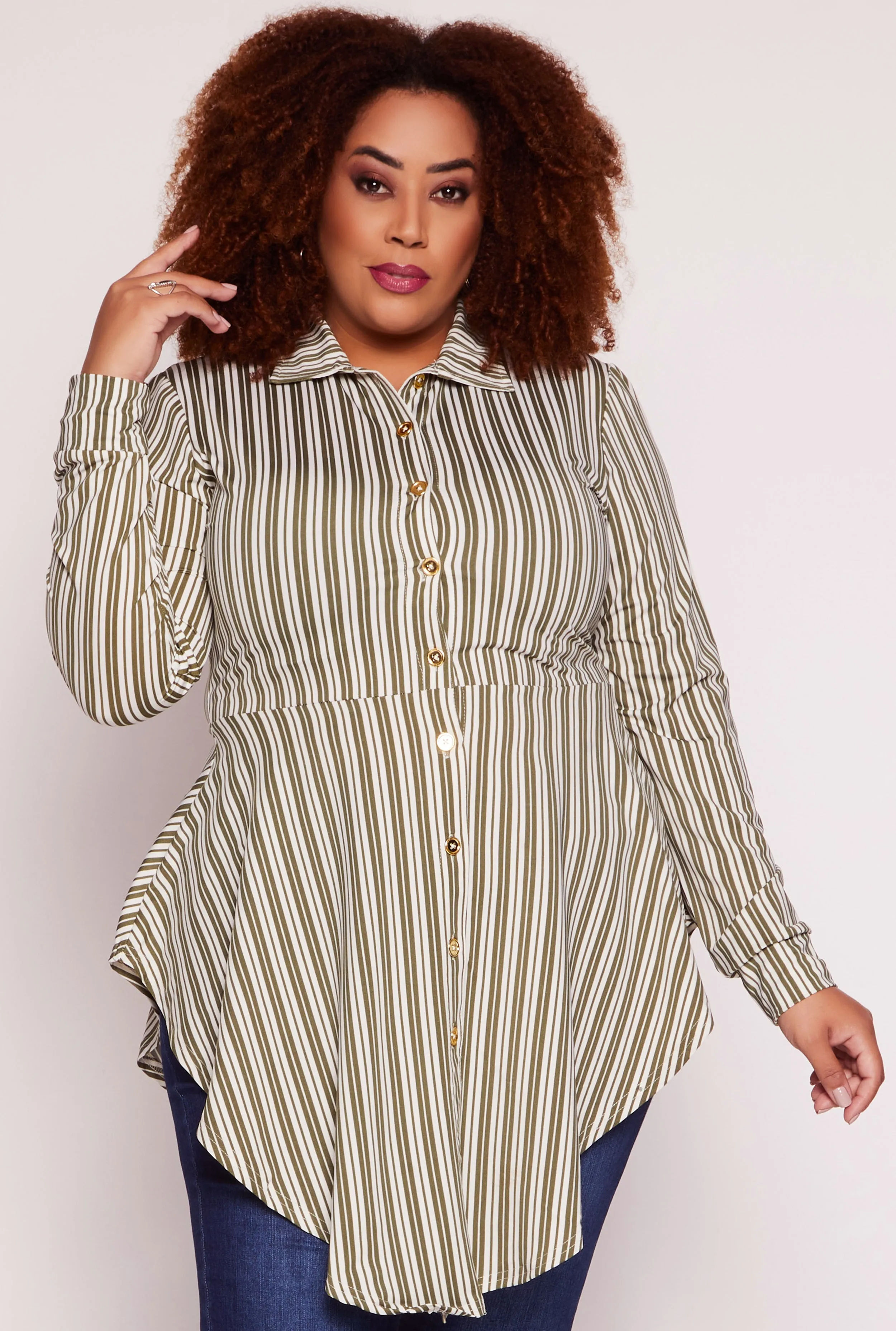 Plus Size Striped Button Front Hanky Hem Shirt sold by Rainbow