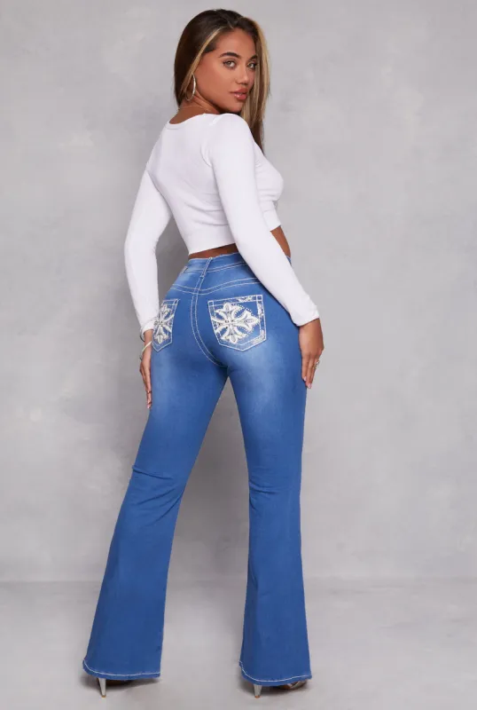 VIP Rhinestone Embroidered Pocket Flare Jeans sold by Rainbow