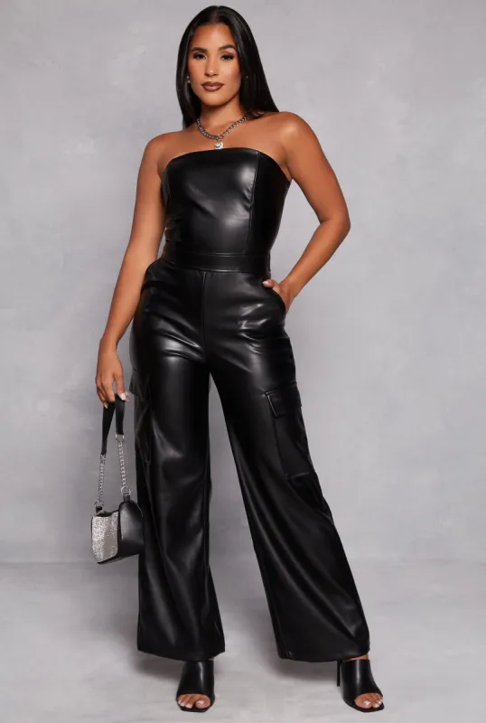 Faux Leather Strapless Cargo Jumpsuit sold by Rainbow