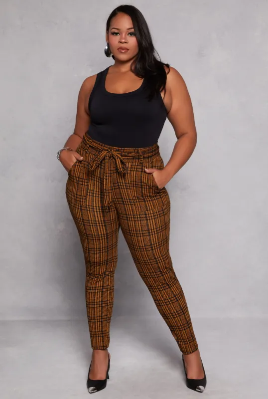 Plus Size Plaid Tie Waist Belted Dress Pants sold by Rainbow
