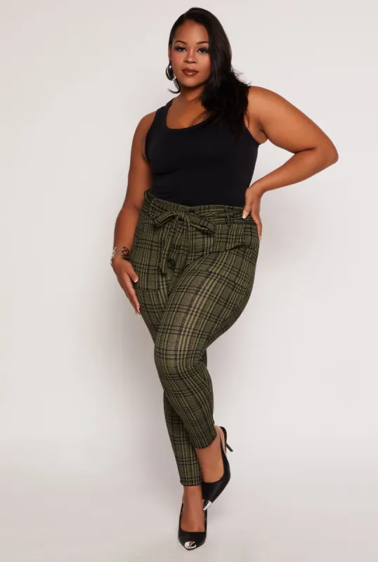Plus Size Plaid Tie Waist Belted Dress Pants sold by Rainbow