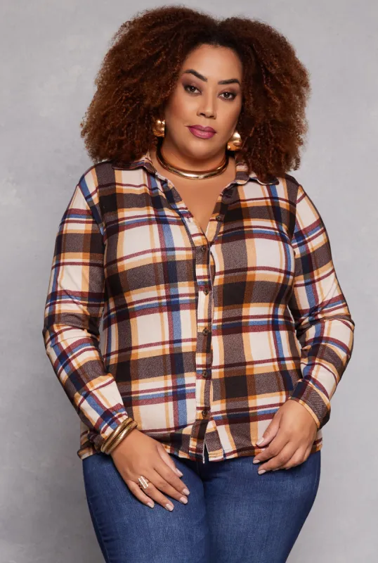 Plus Size Plaid Button Front Shirt sold by Rainbow