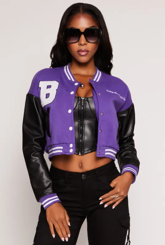 B Initial Chenille Patch Cropped Varsity Jacket sold by Rainbow