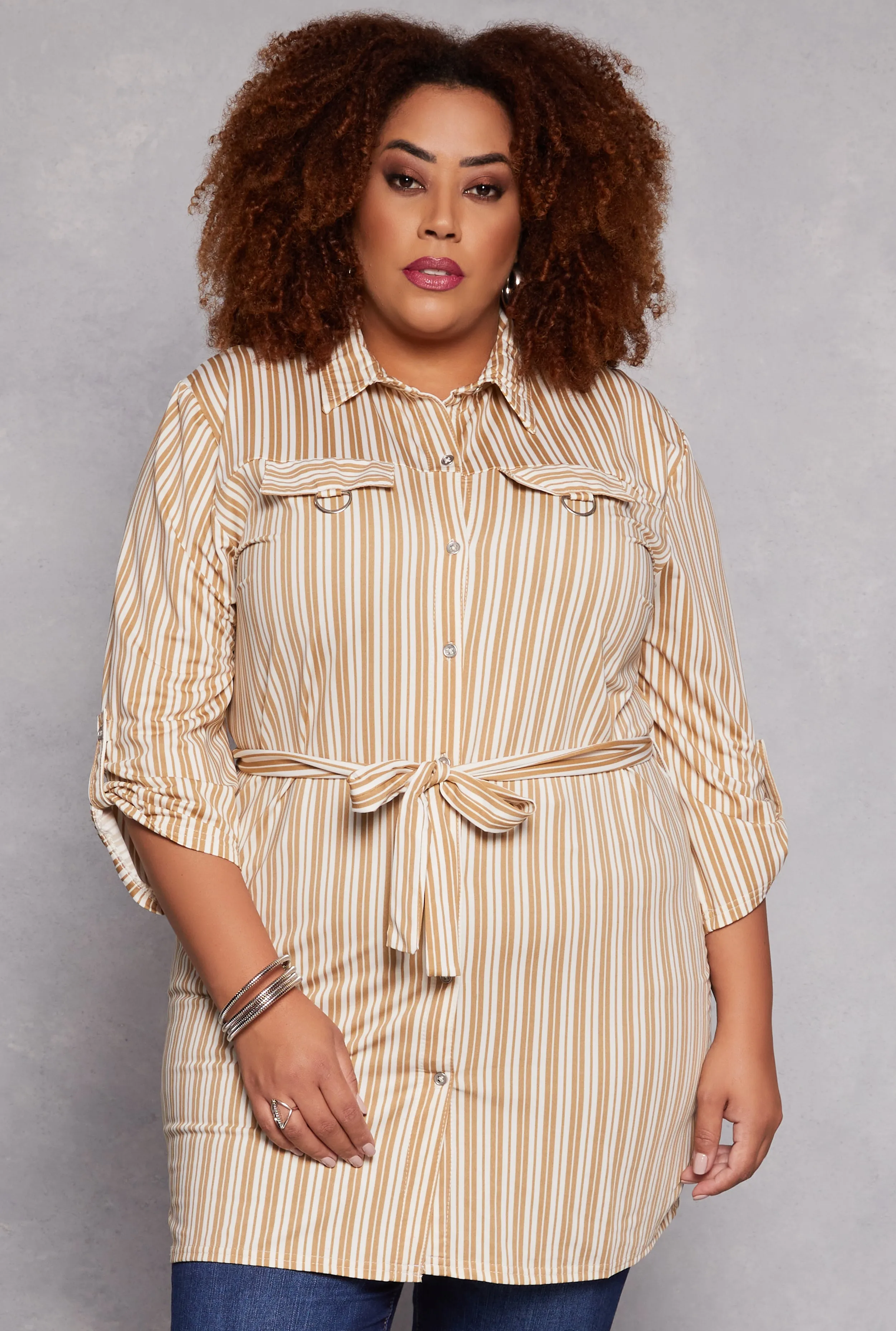 Plus Size Striped Tie Waist Button Front Tunic Shirt sold by Rainbow