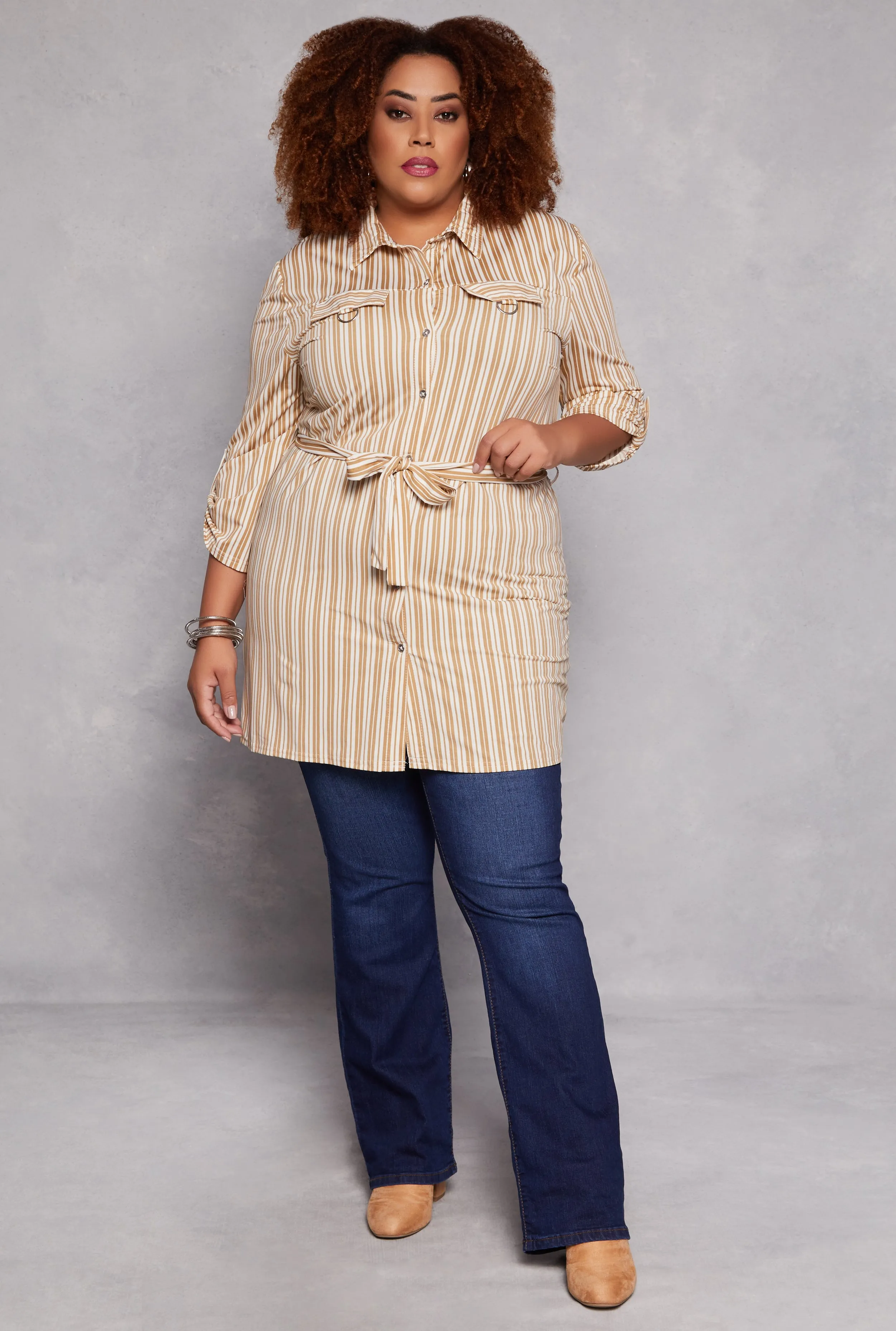 Plus Size Striped Tie Waist Button Front Tunic Shirt sold by Rainbow product image thumbnail 2