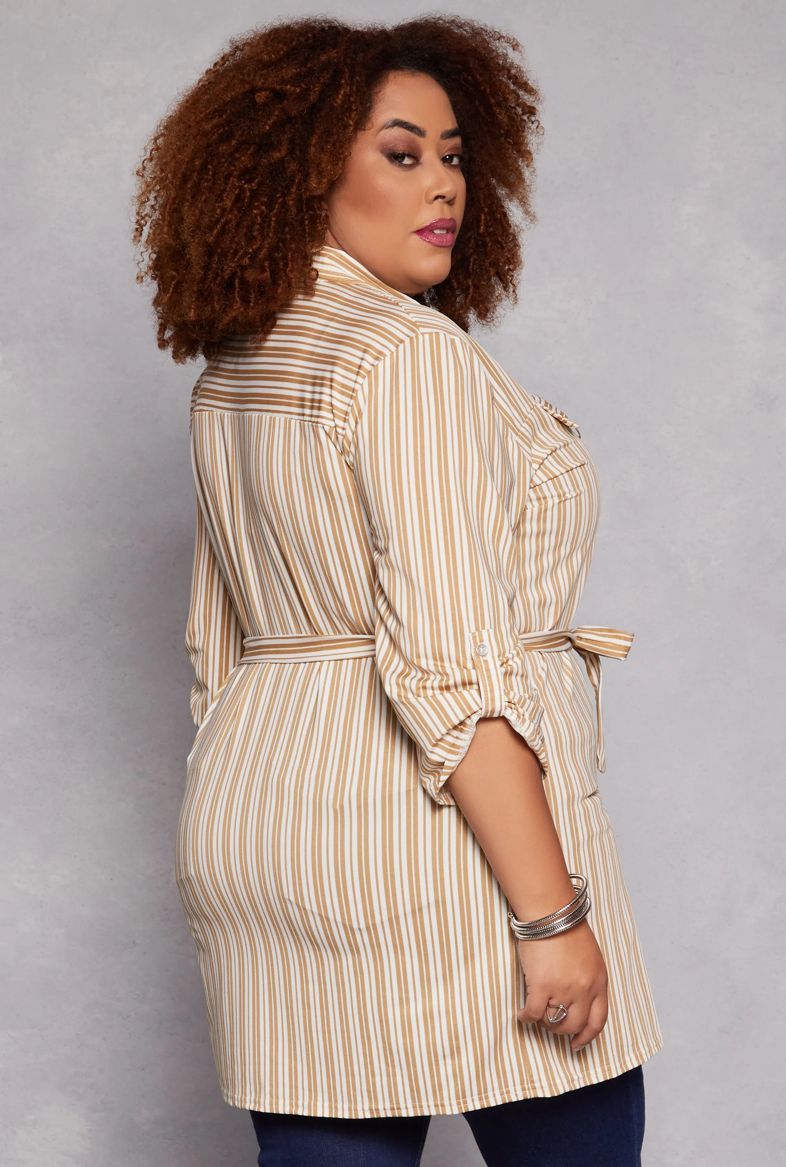 Plus Size Striped Tie Waist Button Front Tunic Shirt sold by Rainbow product image thumbnail 3