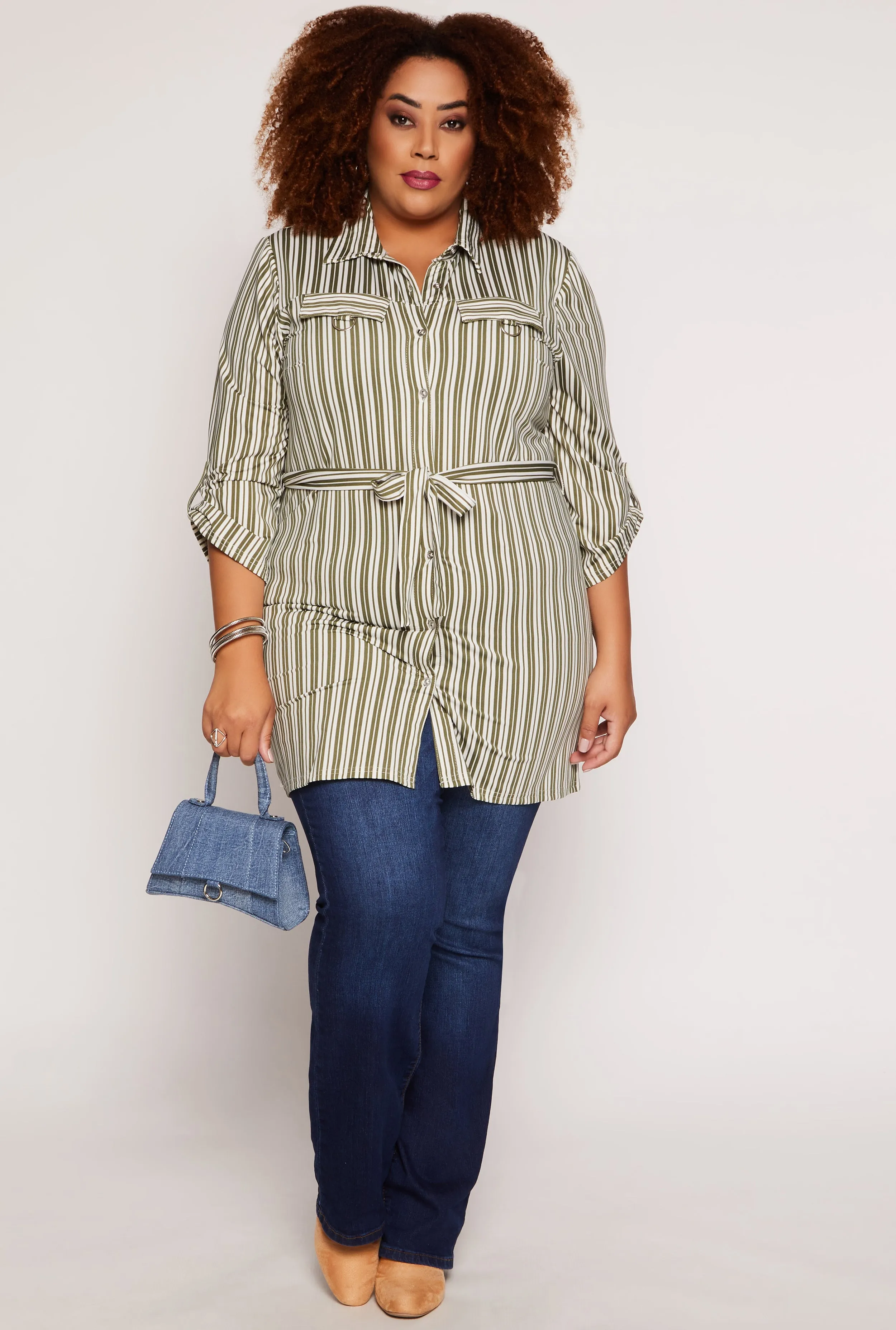 Plus Size Striped Tie Waist Button Front Tunic Shirt sold by Rainbow product image thumbnail 2