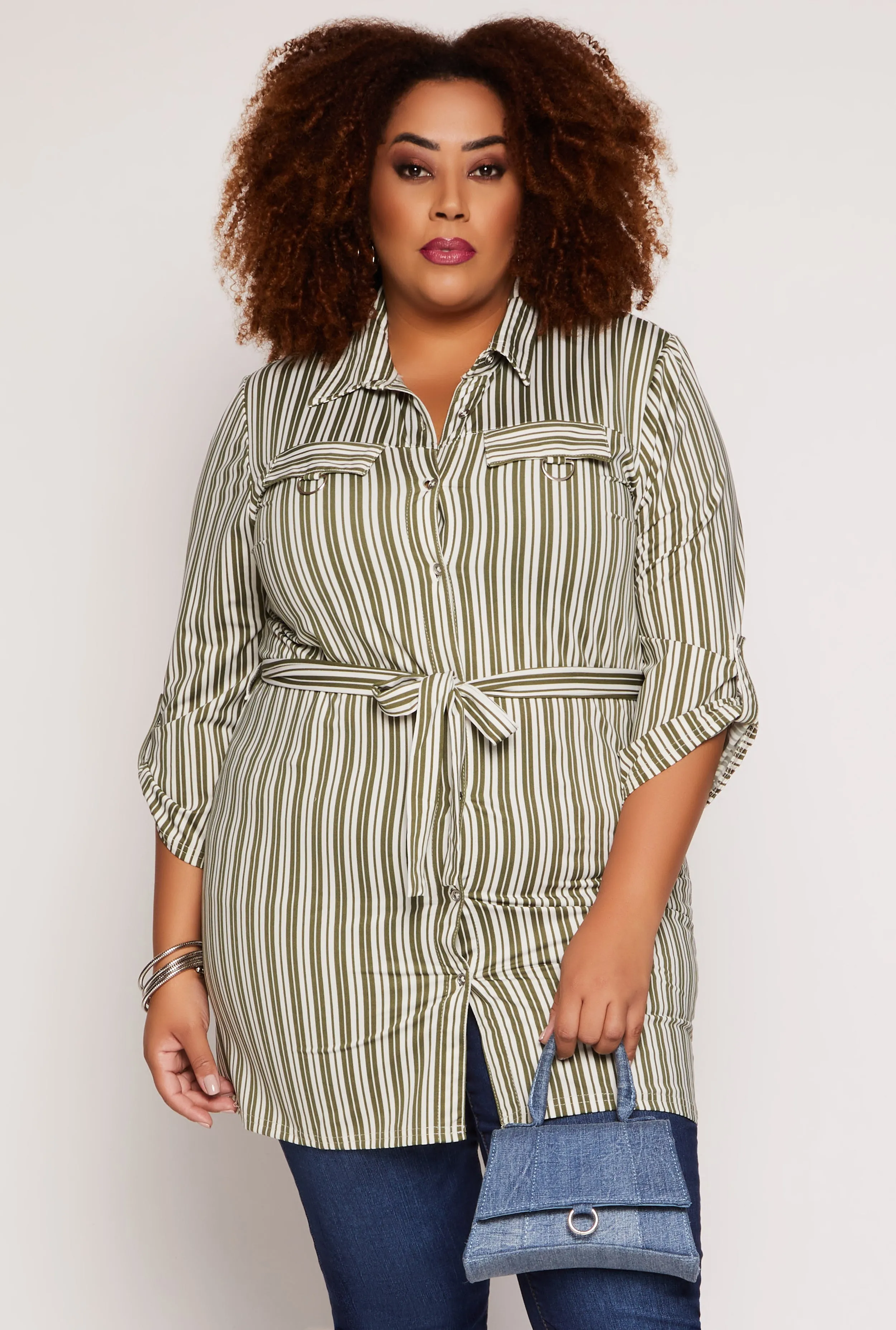 Plus Size Striped Tie Waist Button Front Tunic Shirt sold by Rainbow