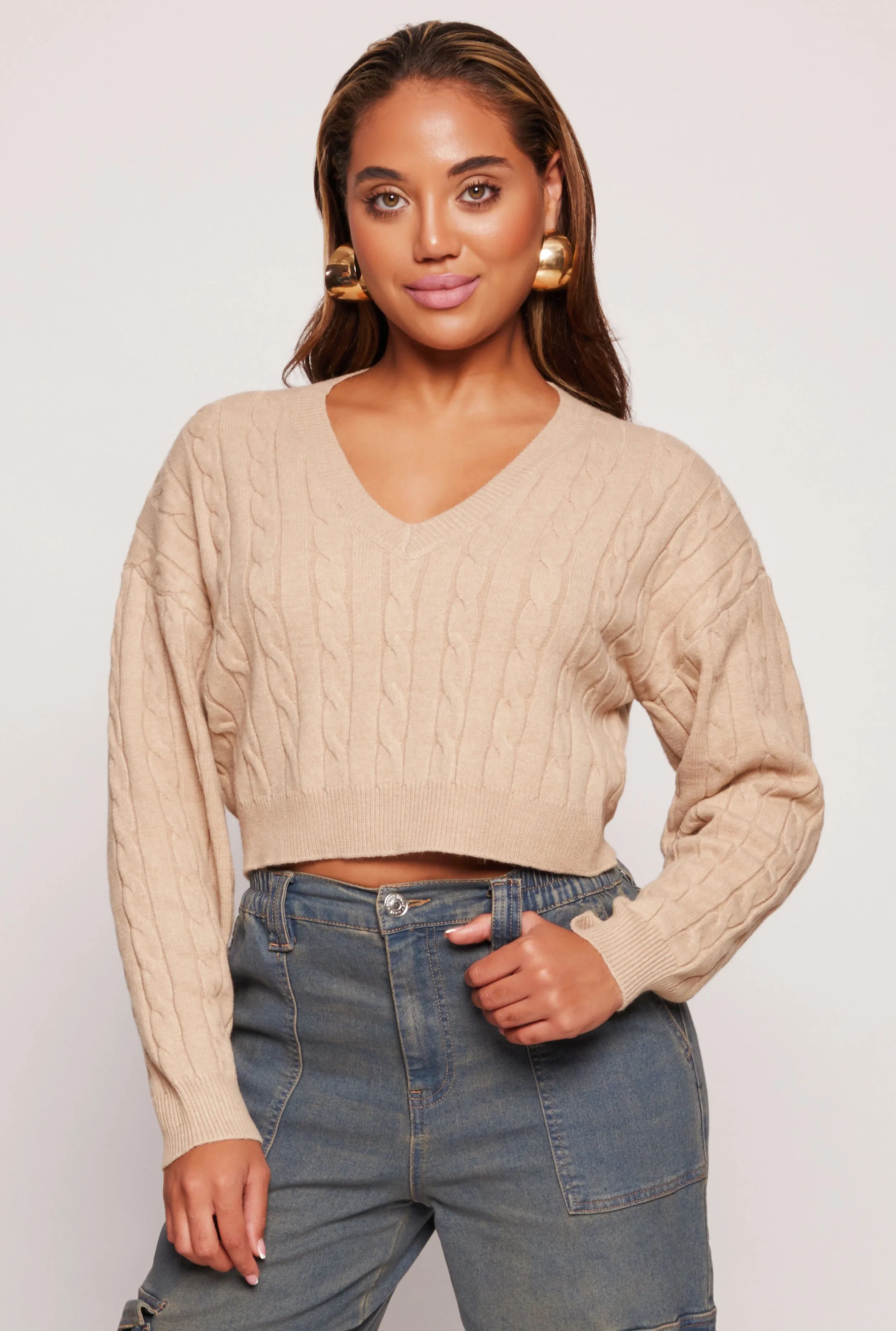 Cable Knit V Neck Cropped Sweater sold by Rainbow