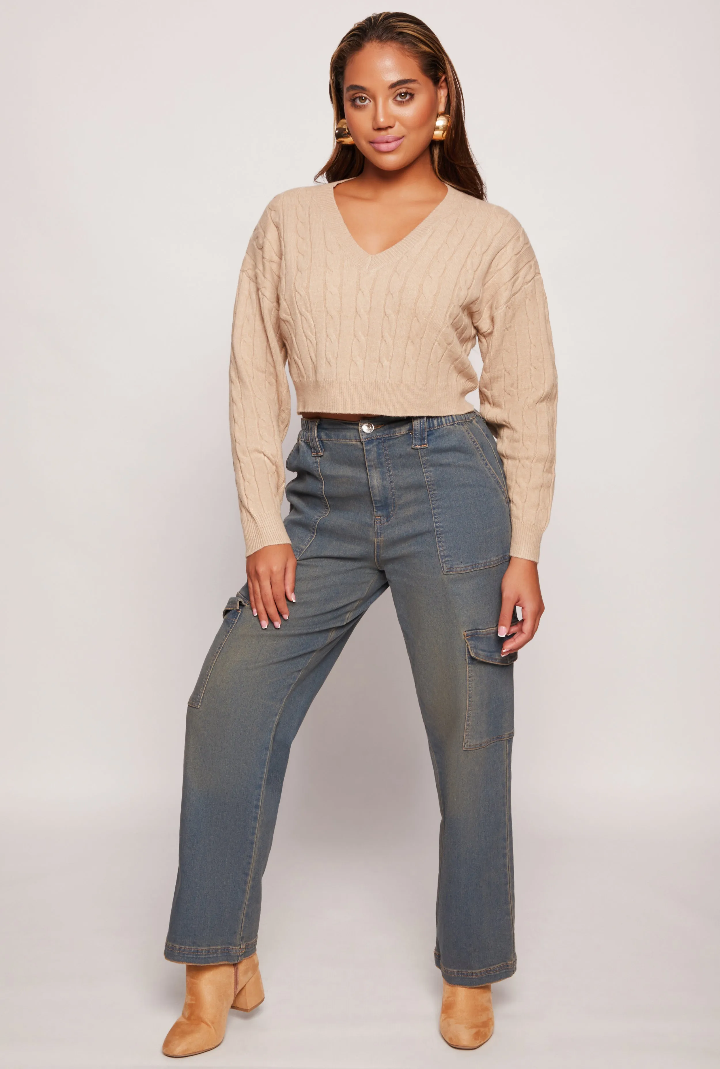 Cable Knit V Neck Cropped Sweater sold by Rainbow product image thumbnail 2