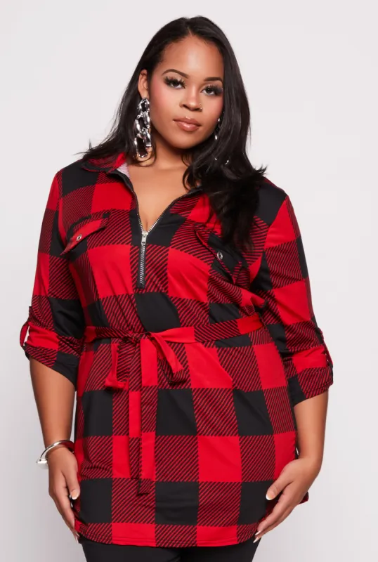 Plus Size Buffalo Plaid Half Zip Tunic Top sold by Rainbow
