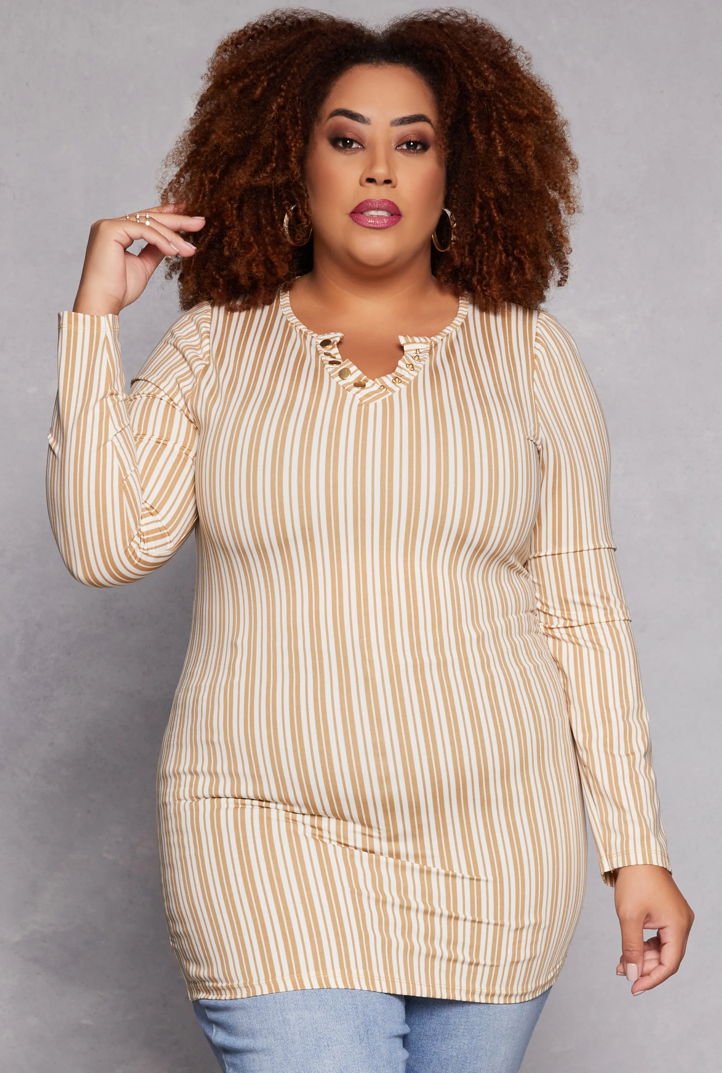 Plus Size Striped Snap Button Notch Neck Top sold by Rainbow