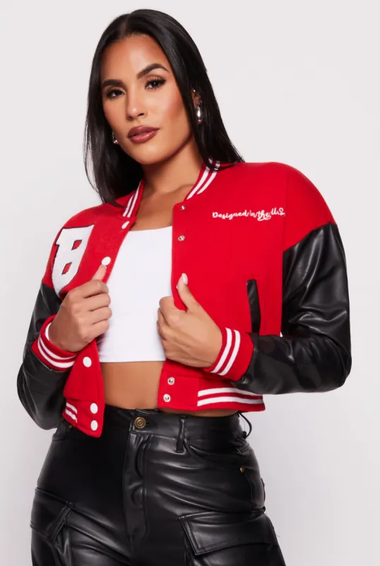B Initial Chenille Patch Cropped Varsity Jacket sold by Rainbow