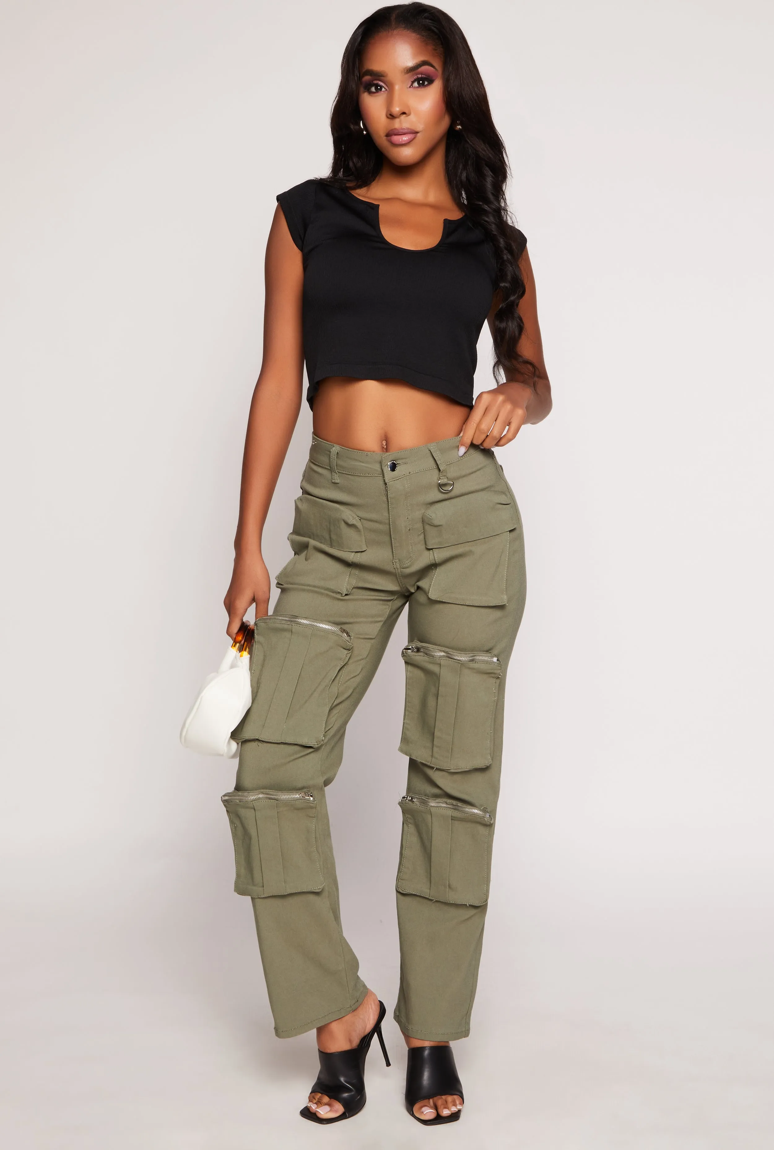 Stretch High Waisted Wide Leg Cargo Pants sold by Rainbow