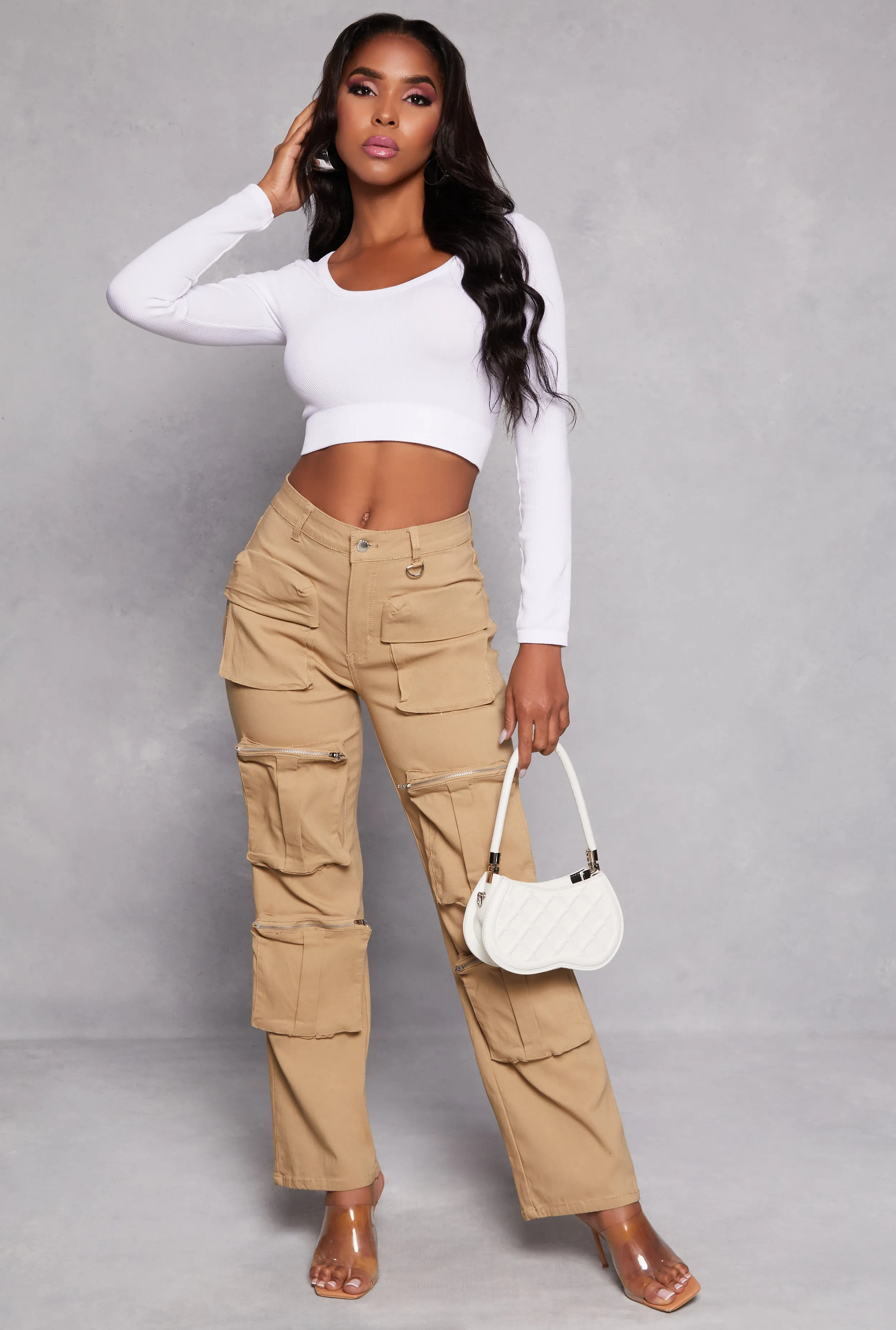 Stretch High Waisted Wide Leg Cargo Pants sold by Rainbow