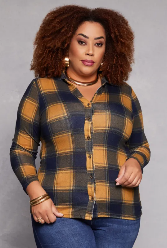 Plus Size Plaid Button Front Shirt sold by Rainbow