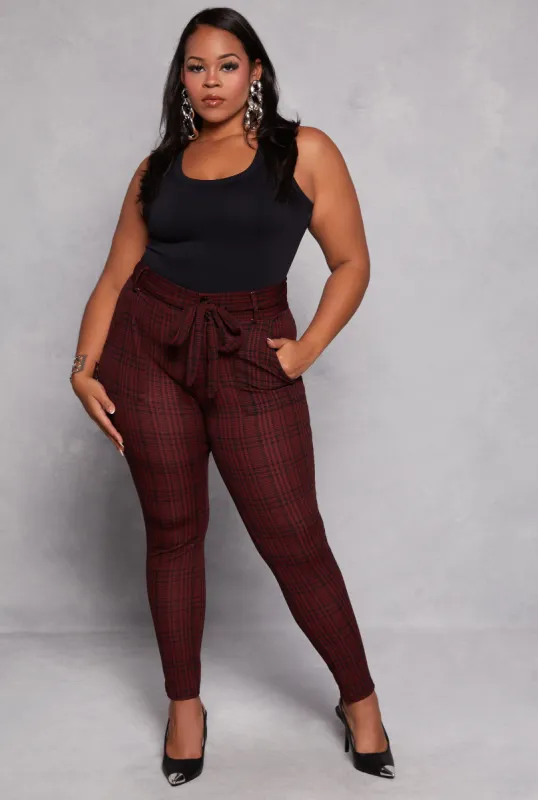 Plus Size Plaid Tie Waist Belted Dress Pants sold by Rainbow