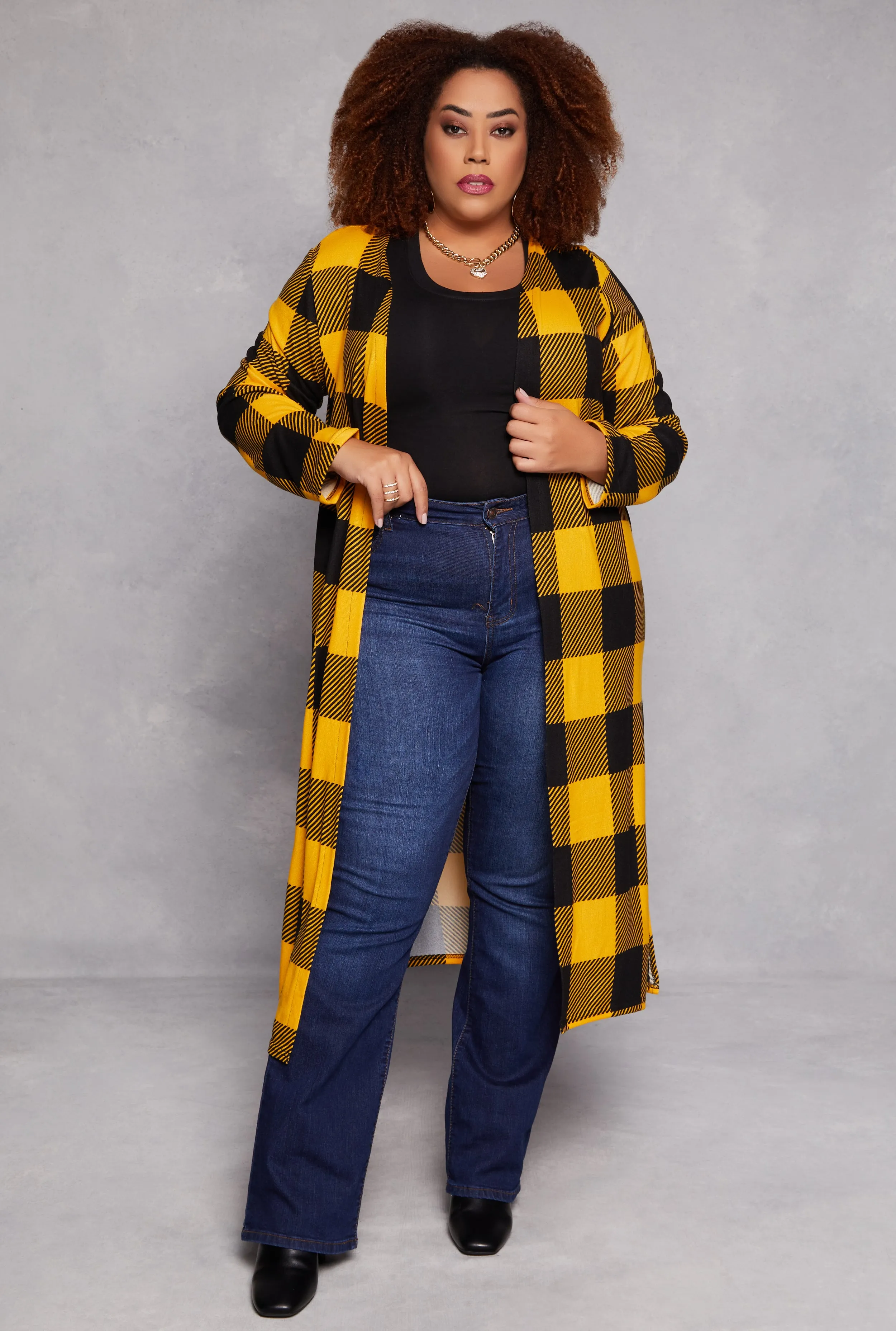 Plus Size Plaid Open Front Duster sold by Rainbow