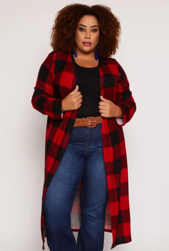 Plus Size Plaid Open Front Duster sold by Rainbow