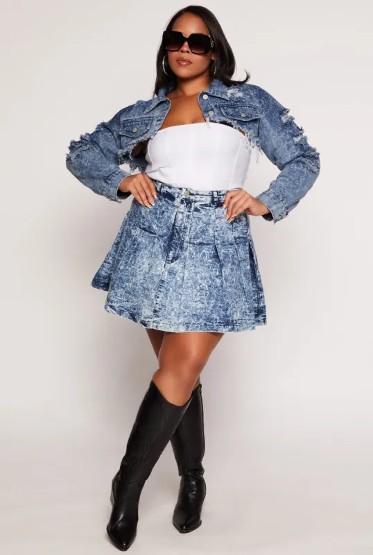 Plus Size Acid Wash Denim Pleated Skirt sold by Rainbow